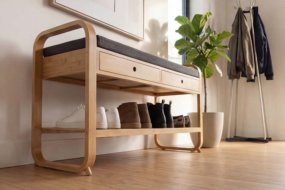 riess-ambiente Schuhbank ZEN-BO 100cm natur/grau - Bambus, FSC, Rega, Sitzbank, mit Schubladen (Einzelartikel, 1-St), Gepolsterte Garderobenbank aus Massivholz - ideal für Eingangsbereich