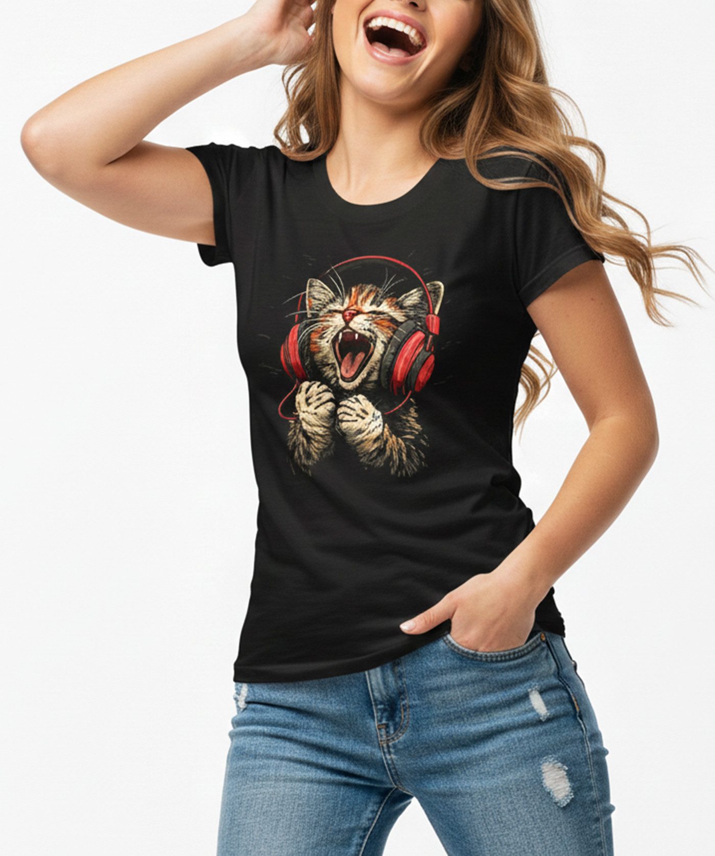 MAKAYA T-Shirt Damen Top mit DJ Katzenmotiv Print – Lustiger Look für Musikfans (Schwarz, S, M, L, XL) Baumwolle