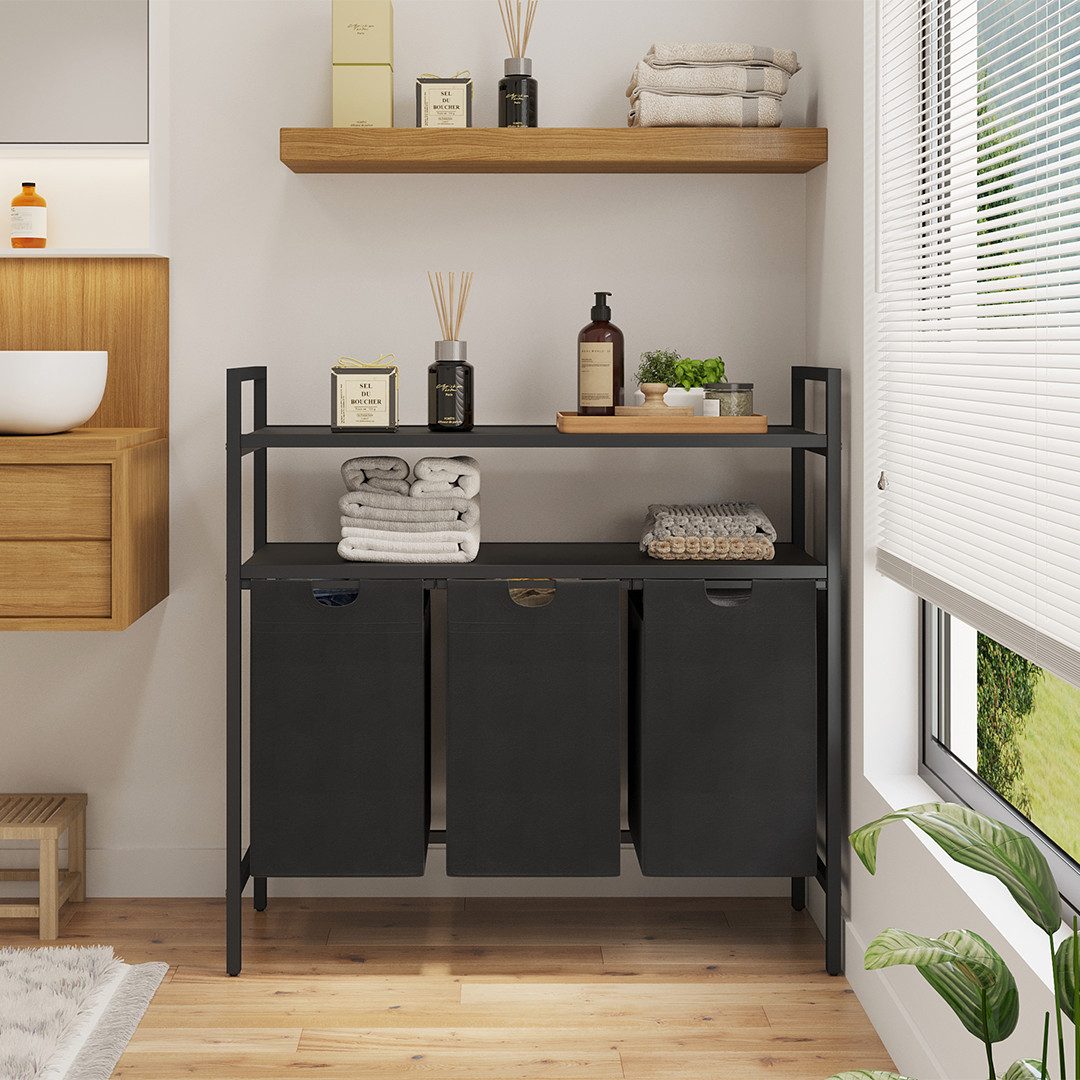 STEELSØN Wäschekorb Rigil aus Metall (3 Fächer (120 L) mit 2 MDF-Ablagen, s günstig online kaufen