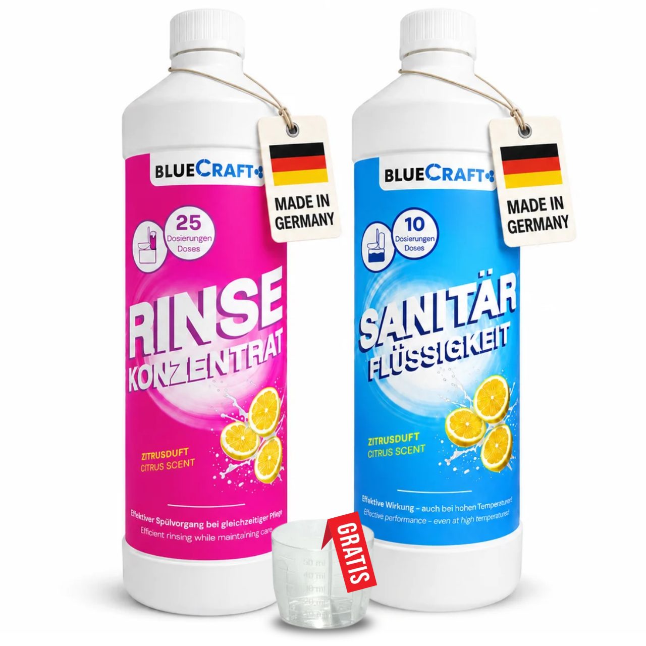 BlueCraft Sanitärflüssigkeit Spülwasserzusatz 1L für Campingtoilette Spültank Campingtoilettenreiniger (1x 1 L Sanitärflüssigkeit + 1x 1 L Rinse Sanitärkonzentrat für Abwassertank bei Wohnmobilen, Wohnwagen, Camper)