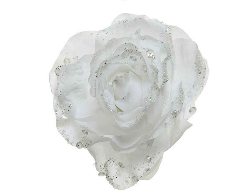 Decoris season decorations Weihnachtsbaumklammer, Kunstblumen Rose auf Clip 14cm winterweiß