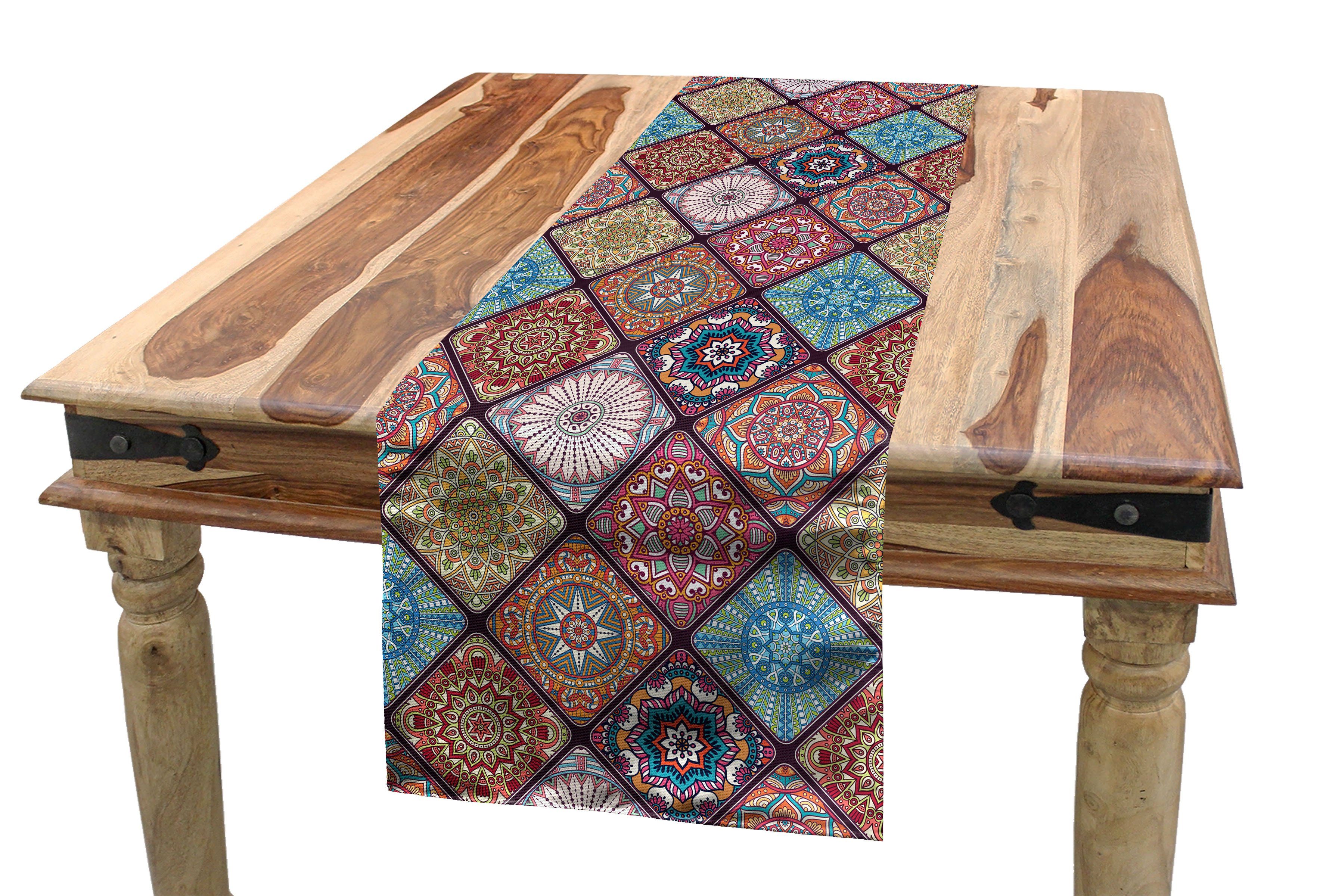 Abakuhaus Tischläufer Esszimmer Küche Rechteckiger Dekorativer Tischläufer, Mandala Bunte Mosaik-Blumen
