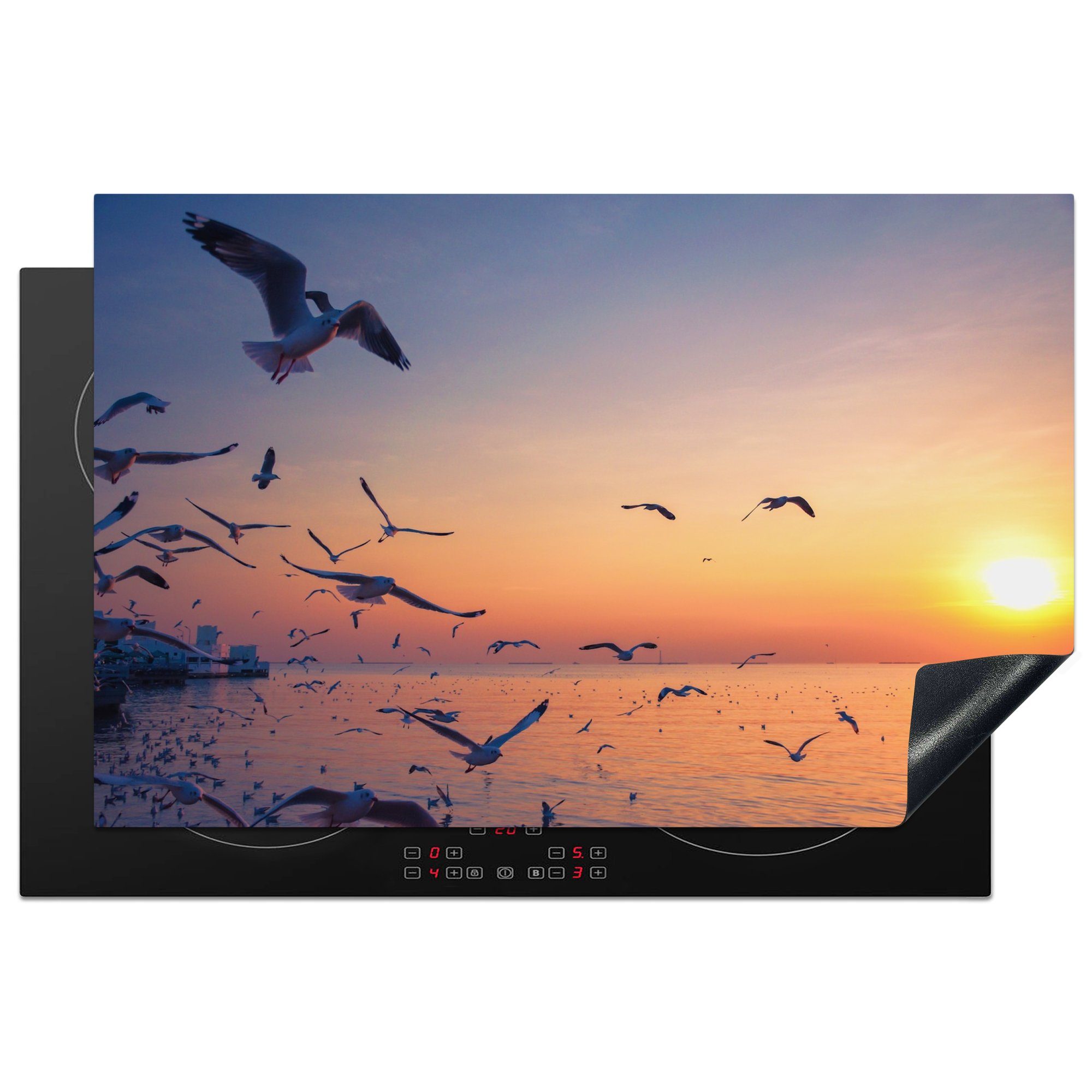 MuchoWow Herdblende-/Abdeckplatte Möwen - Meer - Sonnenuntergang, Vinyl, (1 tlg), 81x52 cm, Induktionskochfeld Schutz für die küche, Ceranfeldabdeckung