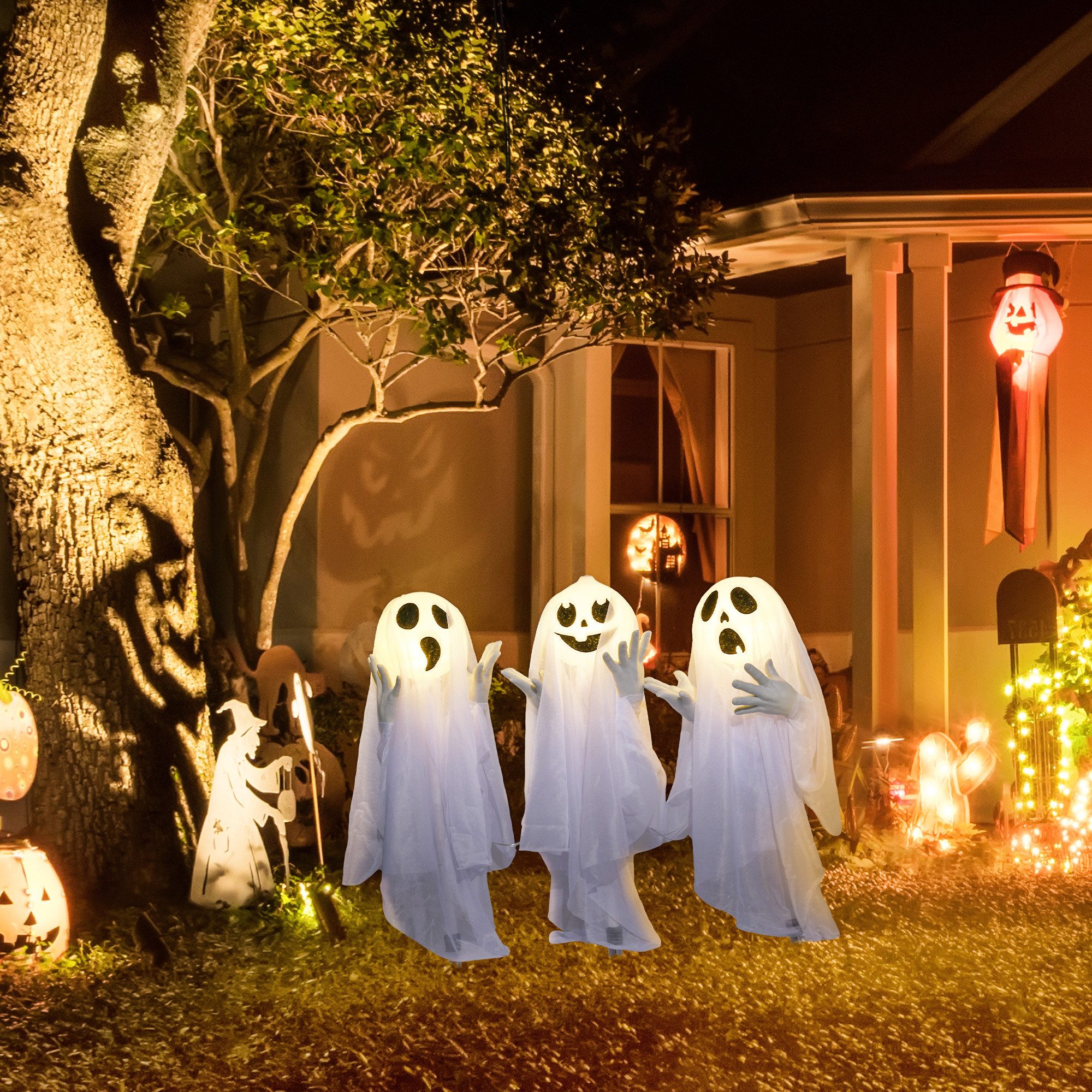 HOMCOM Dekofigur Hängende Geister 3 Stück 60cm mit LED Lichtern Gruselige Windsack (Ghost Stakes, 1 St., Deko für Halloween), Halloween-Außendekoration für Rasen, Garten Stahl, Weiß