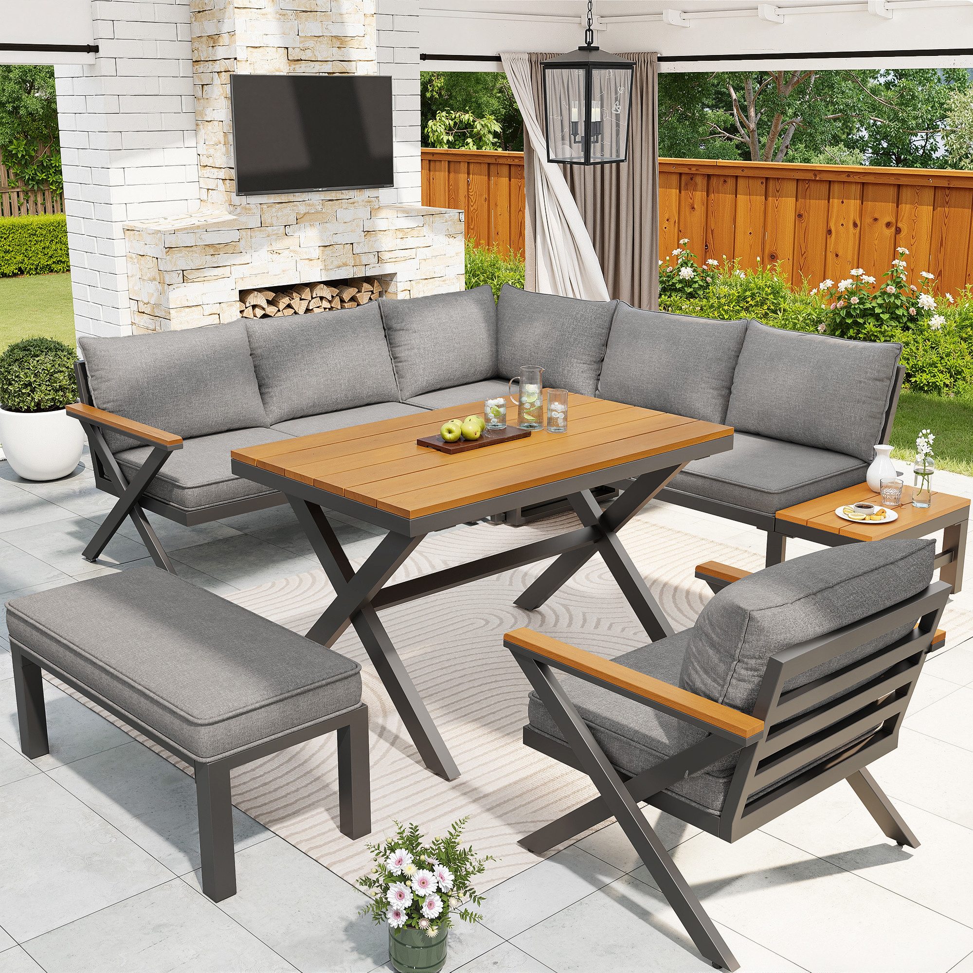 Merax Gartenlounge-Set mit Metallrahmen & verstellbaren Füße, Gartenmöbel aus Kunstholz, (6-tlg), 8-Sitzer Sitzgruppe mit Sofa, Ecksofa, Sessel, Hocker und Holztischen