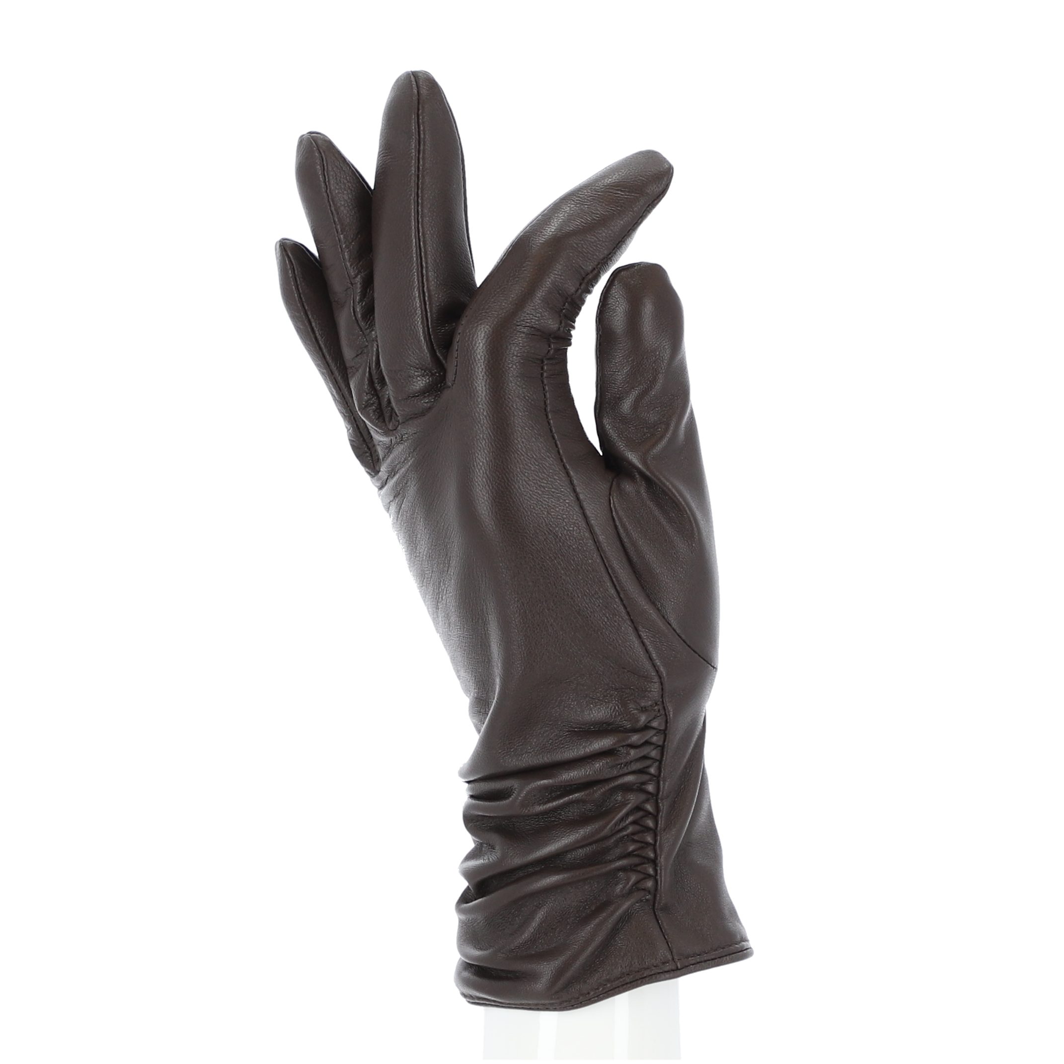 halsüberkopf Accessoires Lederhandschuhe Damenhandschuhe Leder mit Raffung braun | Handschuhe