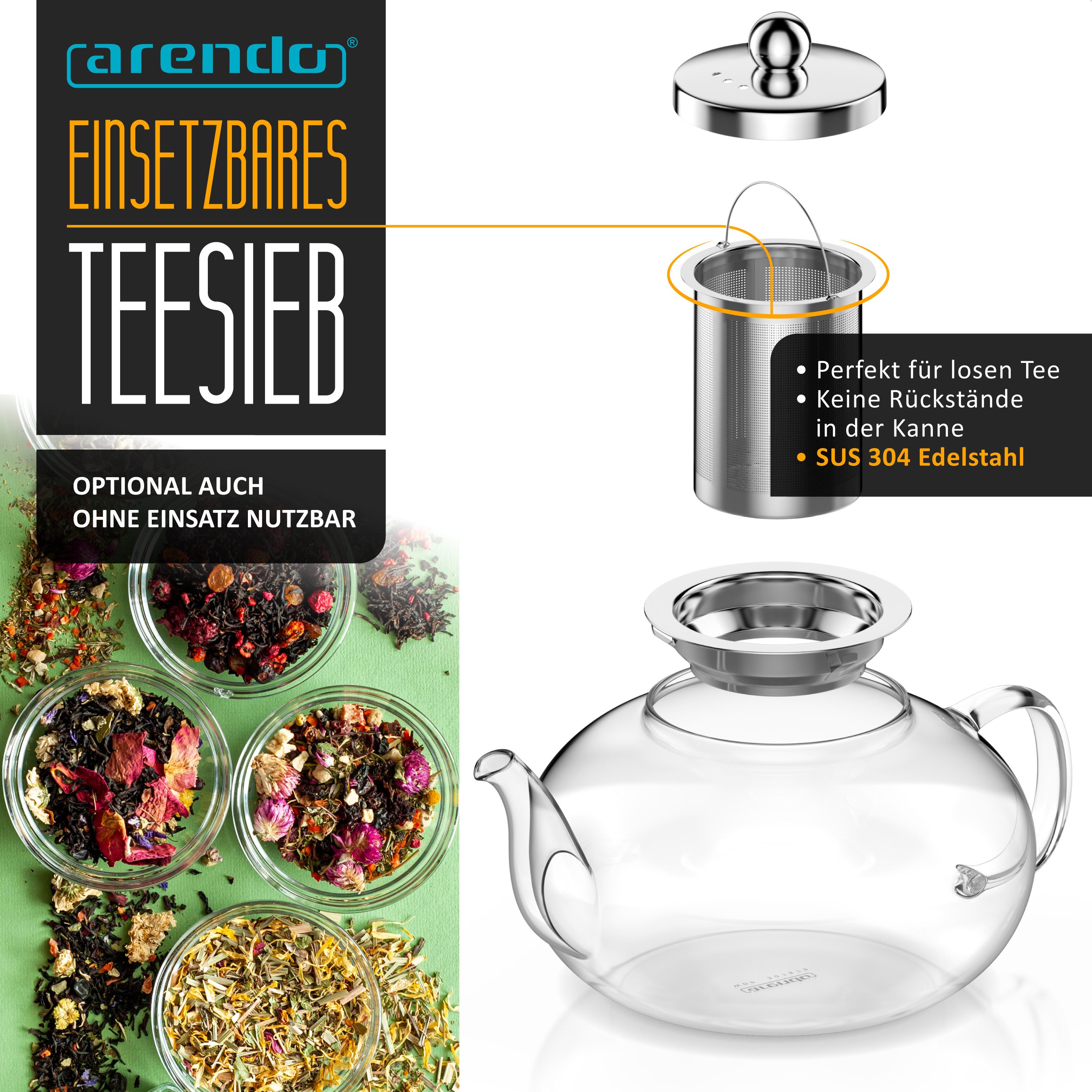 Arendo Teekanne mit Teesieb für losen Tee, Kräuter- & Früchtetee, Glas Teebereiter, 1,2 l, (Set, Glaskanne, Teefilter), Hitzebeständig, feinmaschiges Edelstahlsieb, spülmaschinengeeignet