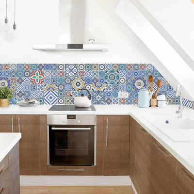 Bilderdepot24 Küchenrückwand blau dekor Fliesenoptik Muster Fliesenspiegel Portugiesisch, (1-tlg., Nischenrückwand - für Fliesenspiegel ohne Bohren - matt), Spritzschutz Rückwand Küche Herd - Folie selbstklebend versch. Größen