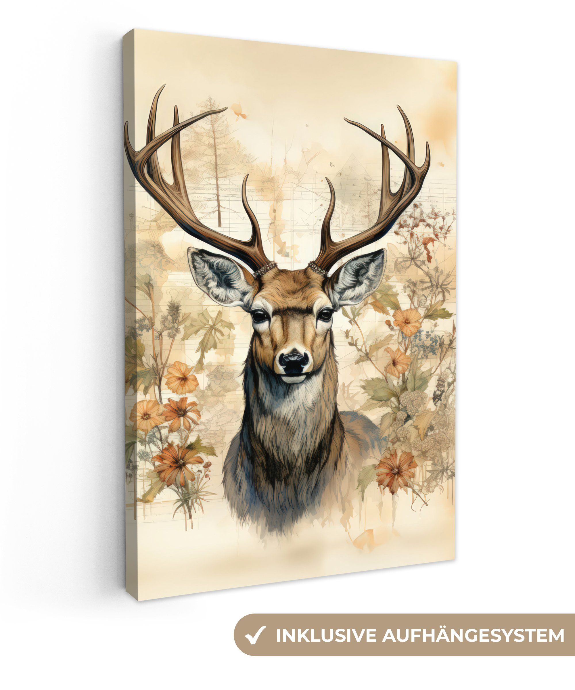 OneMillionCanvasses® Leinwandbild Vintage - Hirsch - Rotwild - Blumen - Bei günstig online kaufen