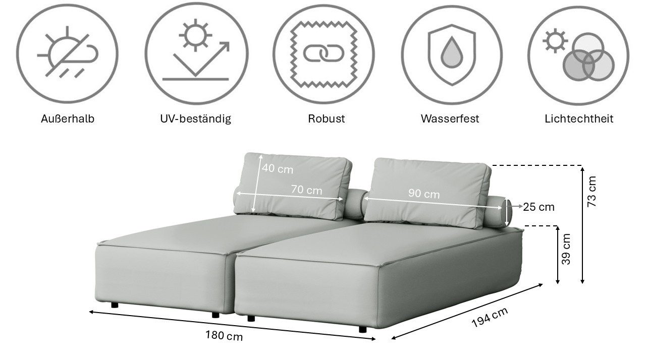 Kaiser Möbel Gartenlounge-Sessel Doppelter Liegestuhl für den Garten MALIBU, Terrasse, Hinterhof (2 Liegestühle 4 Kissen)