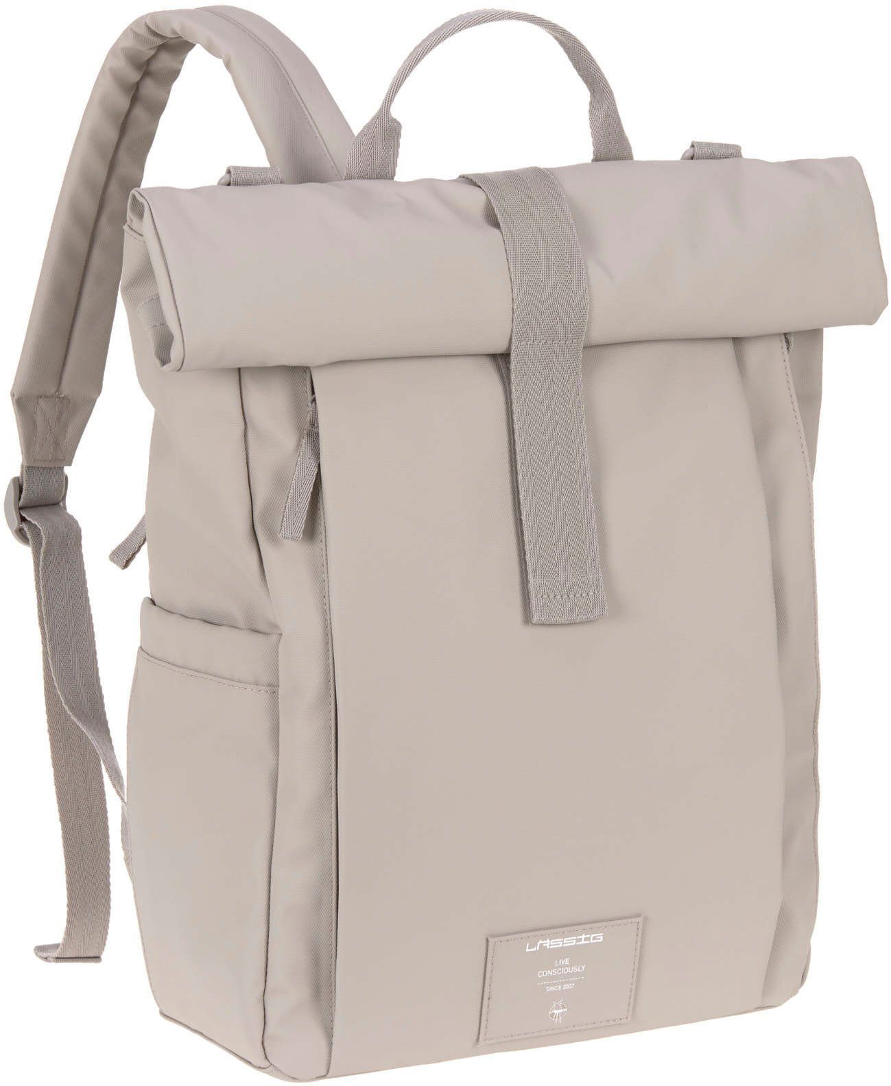 LÄSSIG Wickelrucksack Green Label, Rolltop vegan; Material zum recyceltem Teil aus taupe, Up