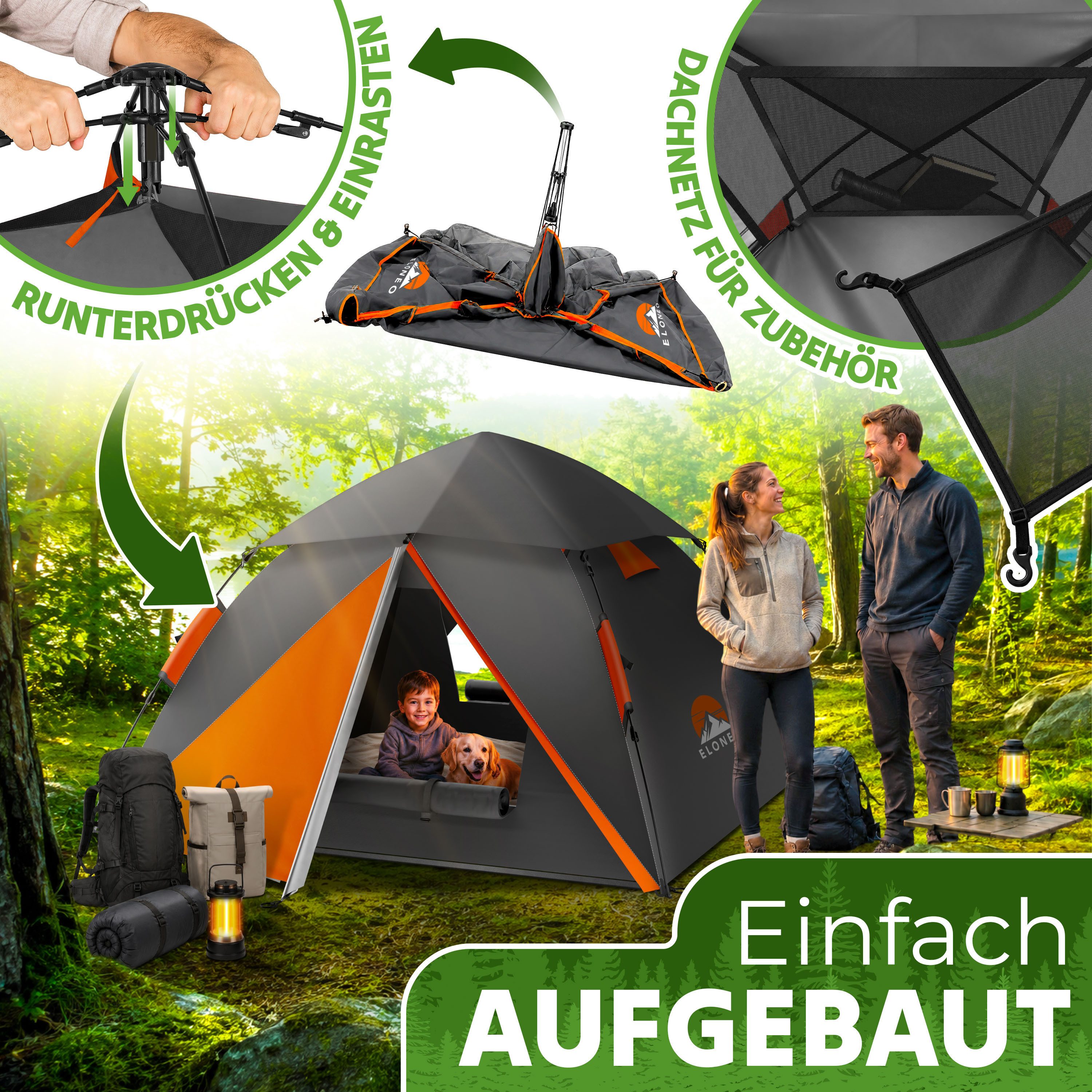 ELONEO Wurfzelt ELONEO Wurfzelt 245x225x150 cm – Pop-Up Campingzelt für 2–4 Personen, Personen: 4, Regendicht, Schnelle Einrichtung, UV-Schutz, Winddicht