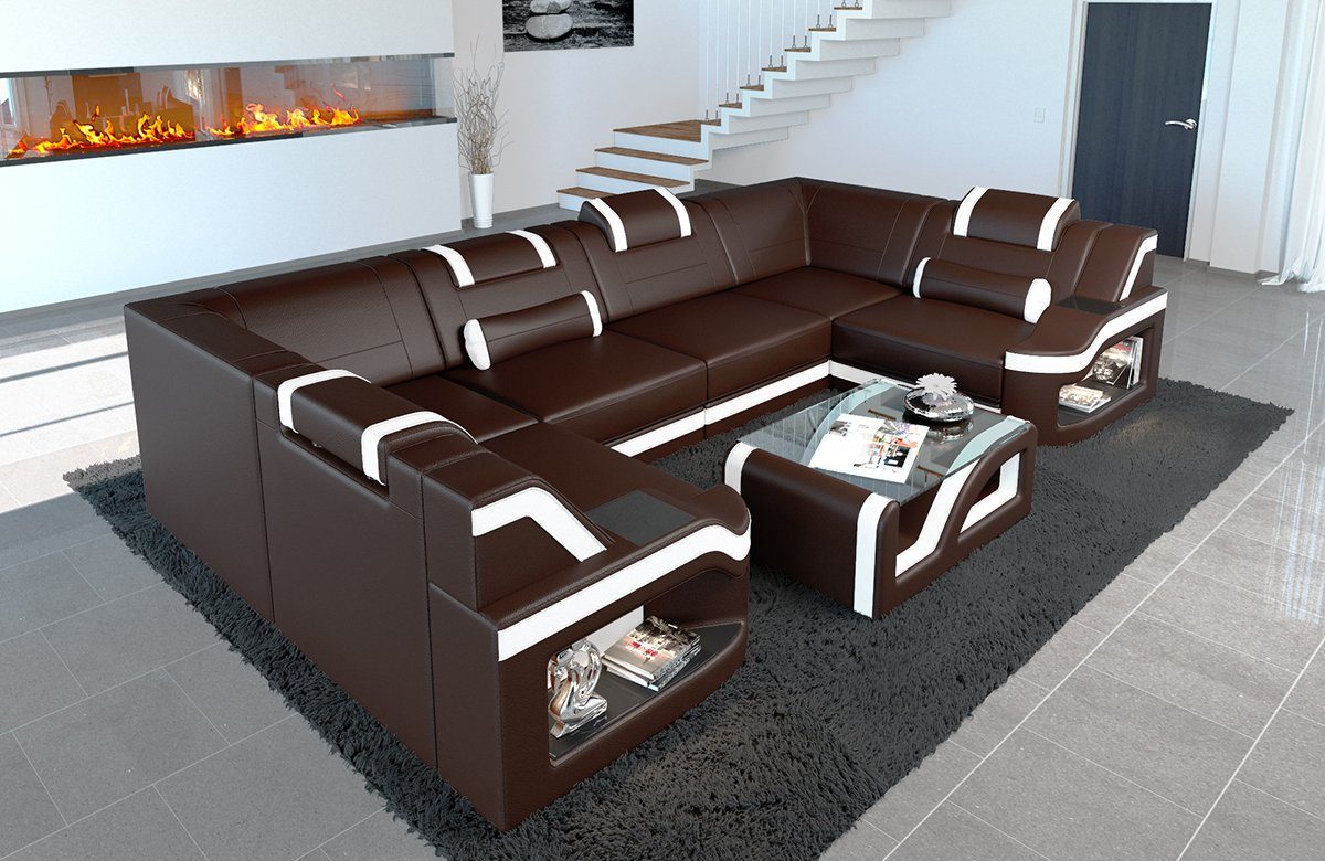 Sofa Dreams Wohnlandschaft Ledercouch Sofa Leder Padua U Form Ledersofa, Couch, mit LED, wahlweise mit Bettfunktion als Schlafsofa, Designersofa