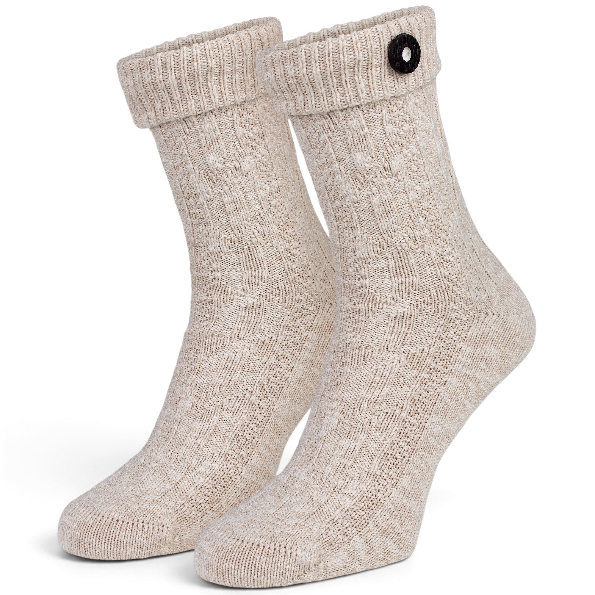 Black Snake Trachtensocken Schoppersocken mit Zierknopf, Umschlagbund & Zopfmuster, Damen/Herren (1-Paar) Naturmelange, atmungsaktiv, handgekettelte Spitze, Baumwollmix