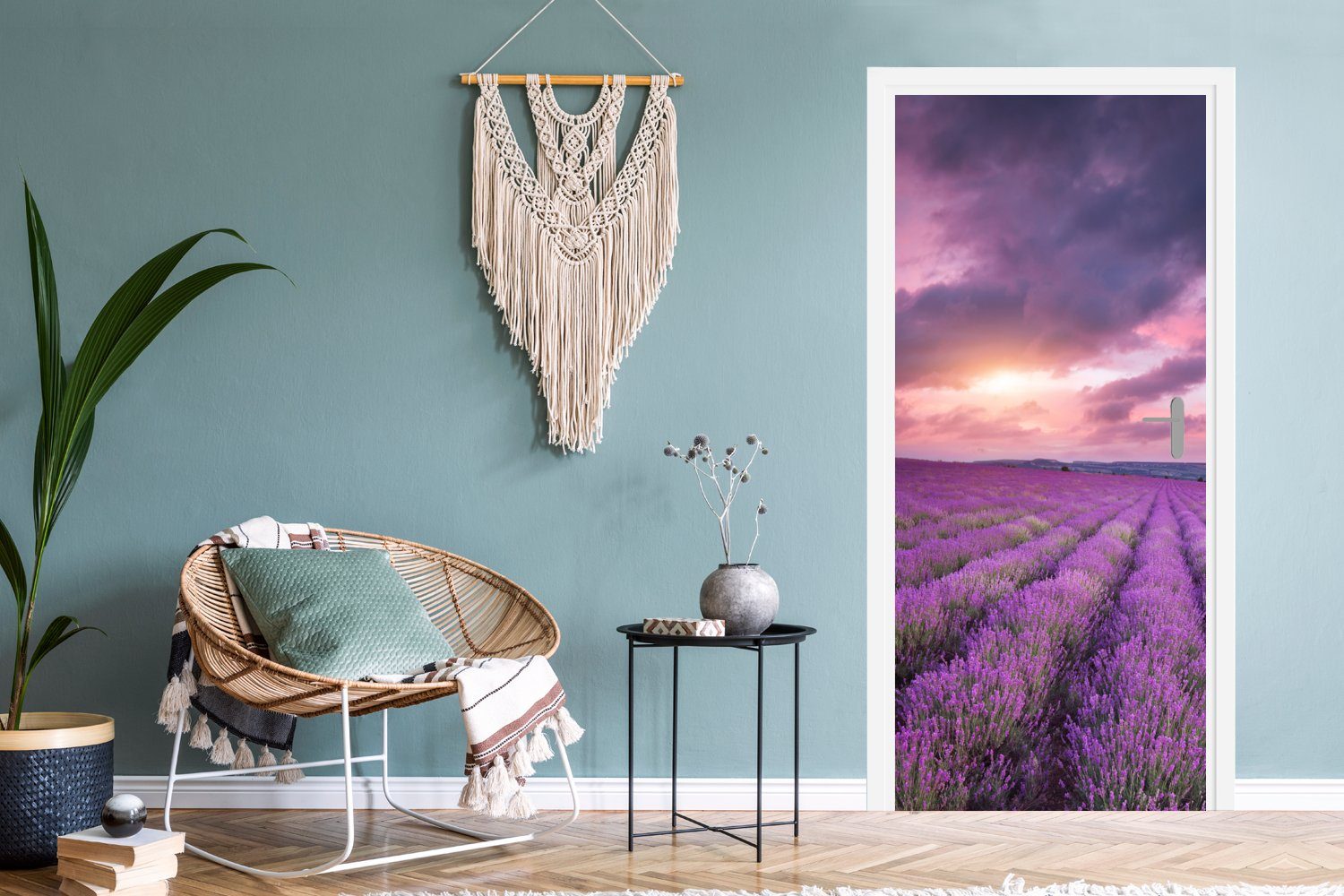 - Türtapete Lavendel - Tür, cm Fototapete MuchoWow Blumen, für Wolken - St), bedruckt, 75x205 Lila Türaufkleber, Matt, (1