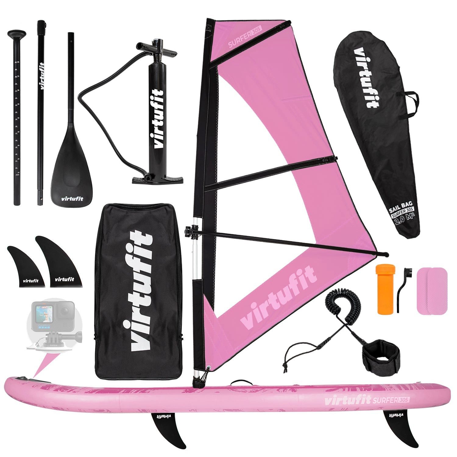 VirtuFit Inflatable SUP-Board VirtuFit Surfer 305 - Rosa - SUP und Windsurf-Board Set