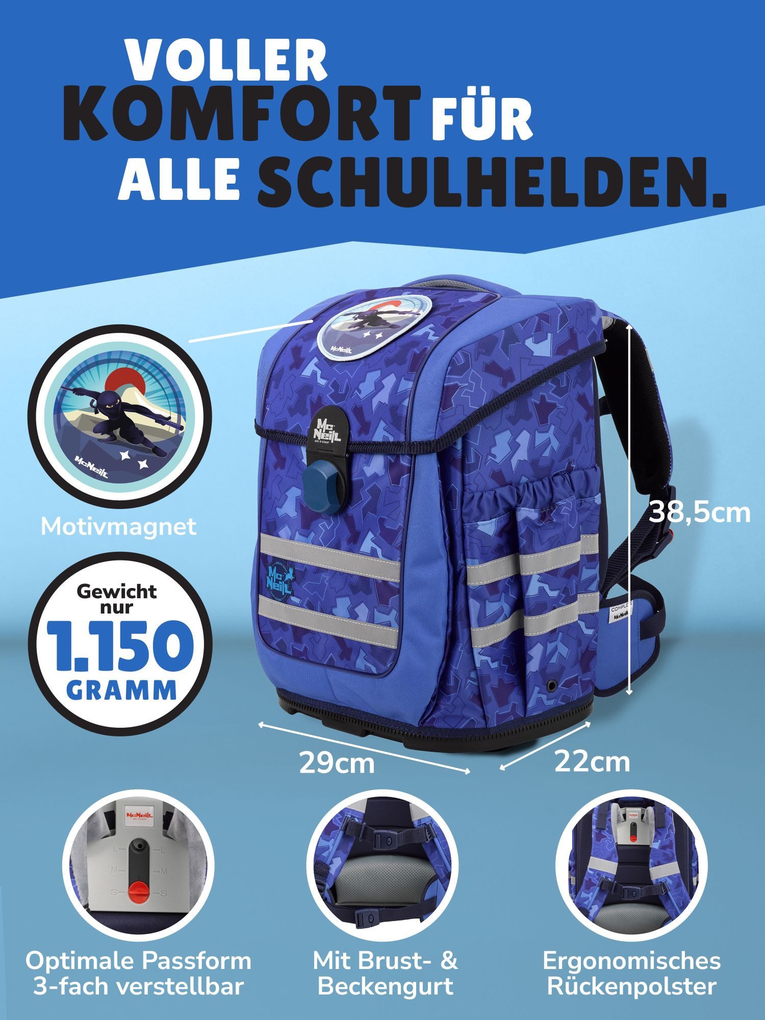 McNeill Schulranzen Ergo Complete "Puzzle" Ninja Schultasche Blau ab der 1. Klasse (Set, 9-tlg., inkl. Federmappe und Sporttasche), ergonomisch; mit Brustgurt; höhenverstellbar - wächst mit dem Kind mit
