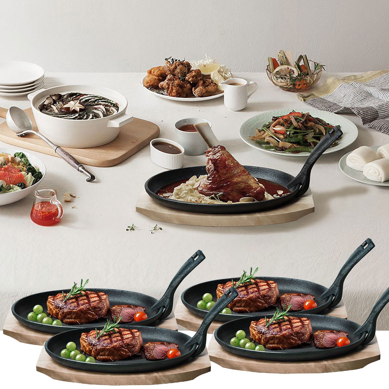 Casativo Servierpfanne Profi Gusseisen Servierpfanne bis 230°C mit Holzuntersetzer 820g, Gusseisen (4-tlg., 1er-Set/2er-Set/4er-Set), abnehmbarer Griff, backofenfest, 24 x 14 x 2,2 cm, haltbar
