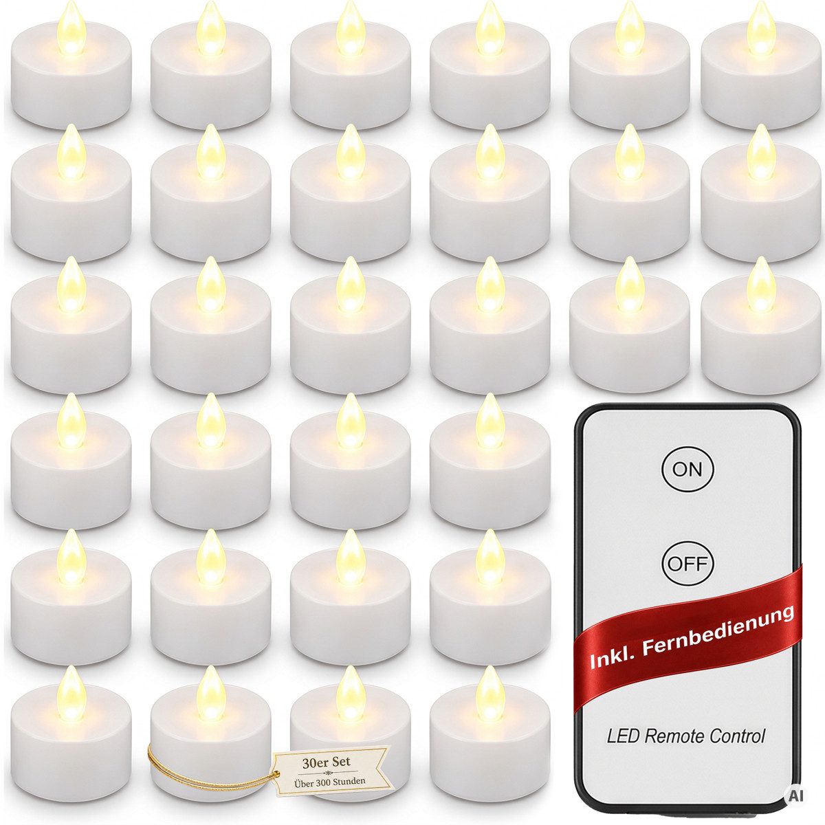 monzana LED-Kerze, Kerzen, +300H elektrisch flackernd Fernbedienung Batterien 30xTeelichter 3,7CM