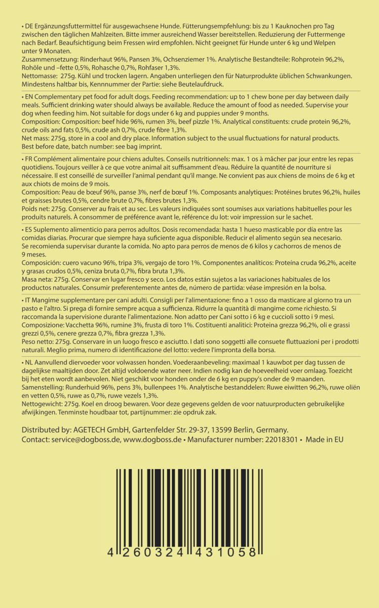 DOGBOSS DOGBOSS 100% Natur gefüllte Kauknochen, hergestellt in EU 5er Set Pansen 12 cm, Snack für: Hunde