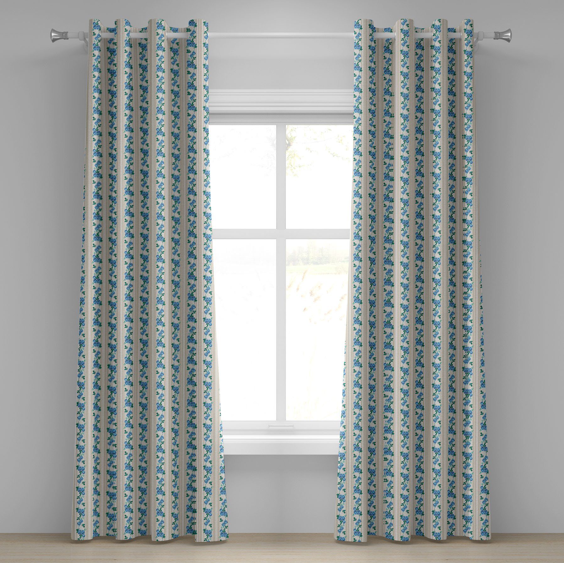 Gardine Dekorative 2-Panel-Fenstervorhänge für Schlafzimmer Wohnzimmer, Abakuhaus, Elfenbein und Blau Retro Stripes Rosen