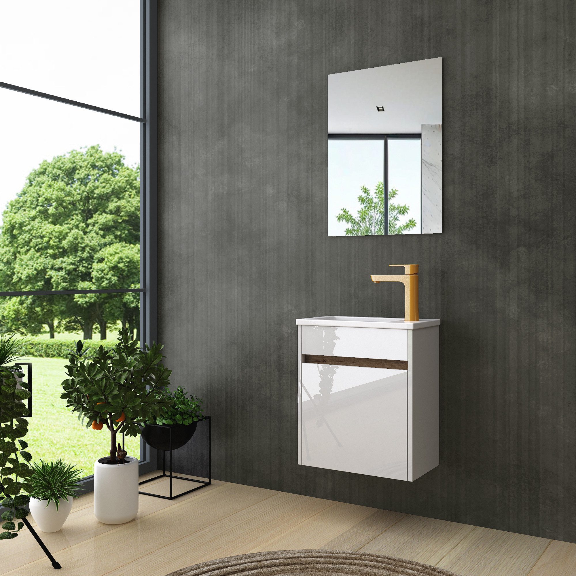 Homeline Badmöbel-Set Badmöbel set Schwarz weiß Hochglanz eiche, Badezimmer günstig online kaufen