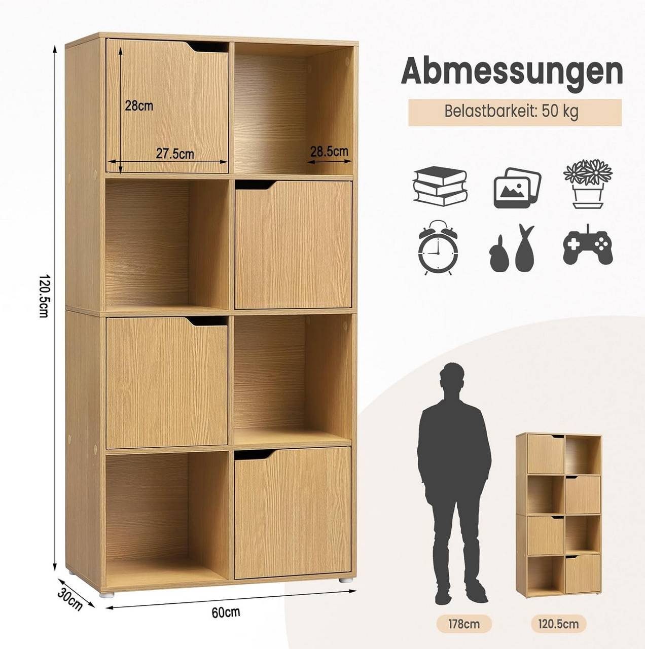 Woltu Bücherregal, 1-tlg., mit 8 Fächern 4 Türen, Würfelregal Standregal
