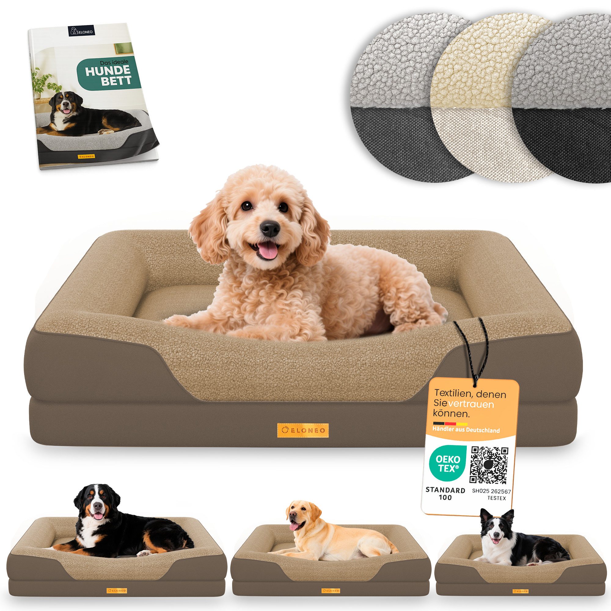 ELONEO Hundebett ELONEO - Orthopädisches Premium Hundebett, gelenkschonend, waschbar, Aus kuscheligem Sherpa-Fleece und strapazierfähigem Sofastoff