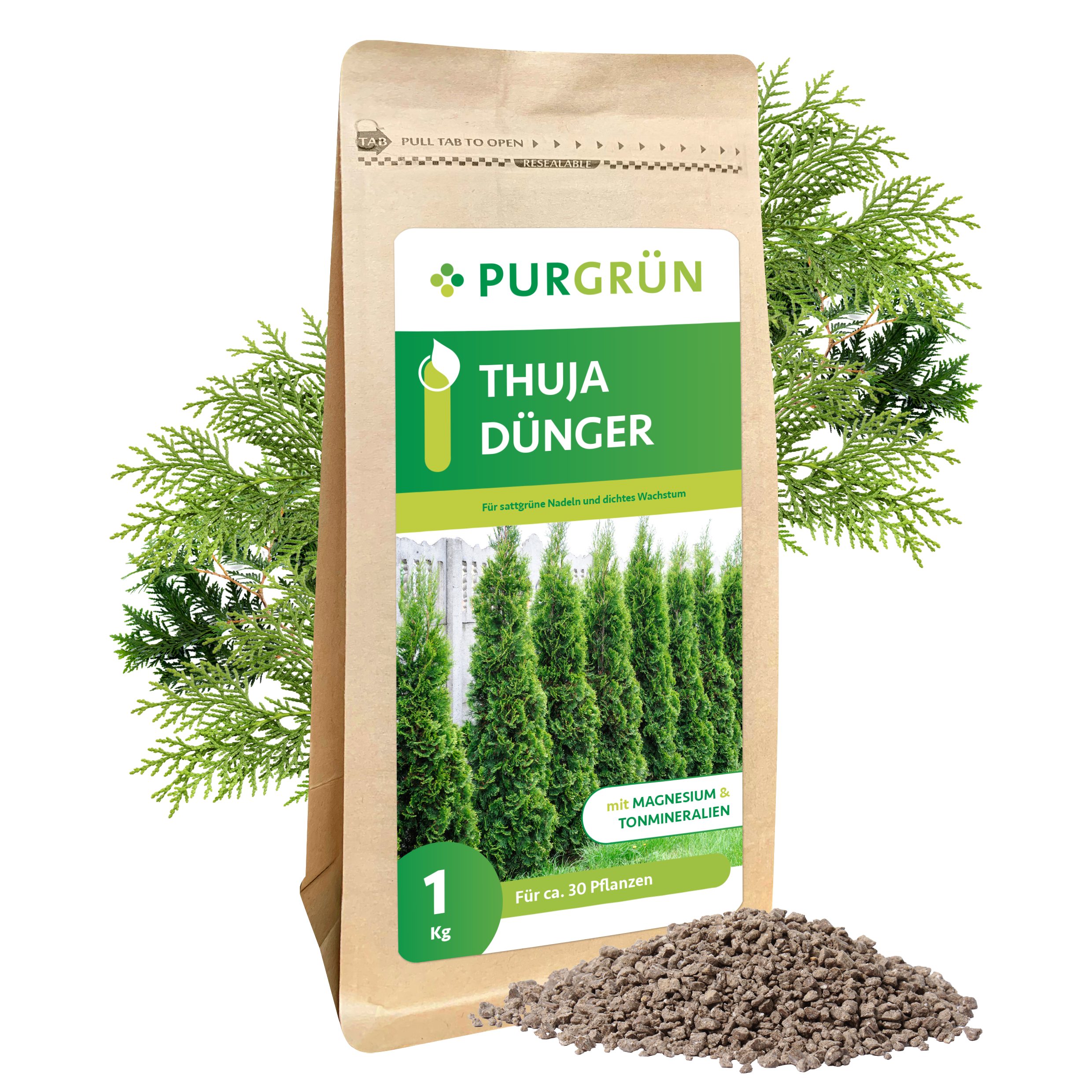 Gartendünger Purgrün Thuja Dünger, NPK 5+4+6, für Nadeln & dichte Hecken, 1 kg