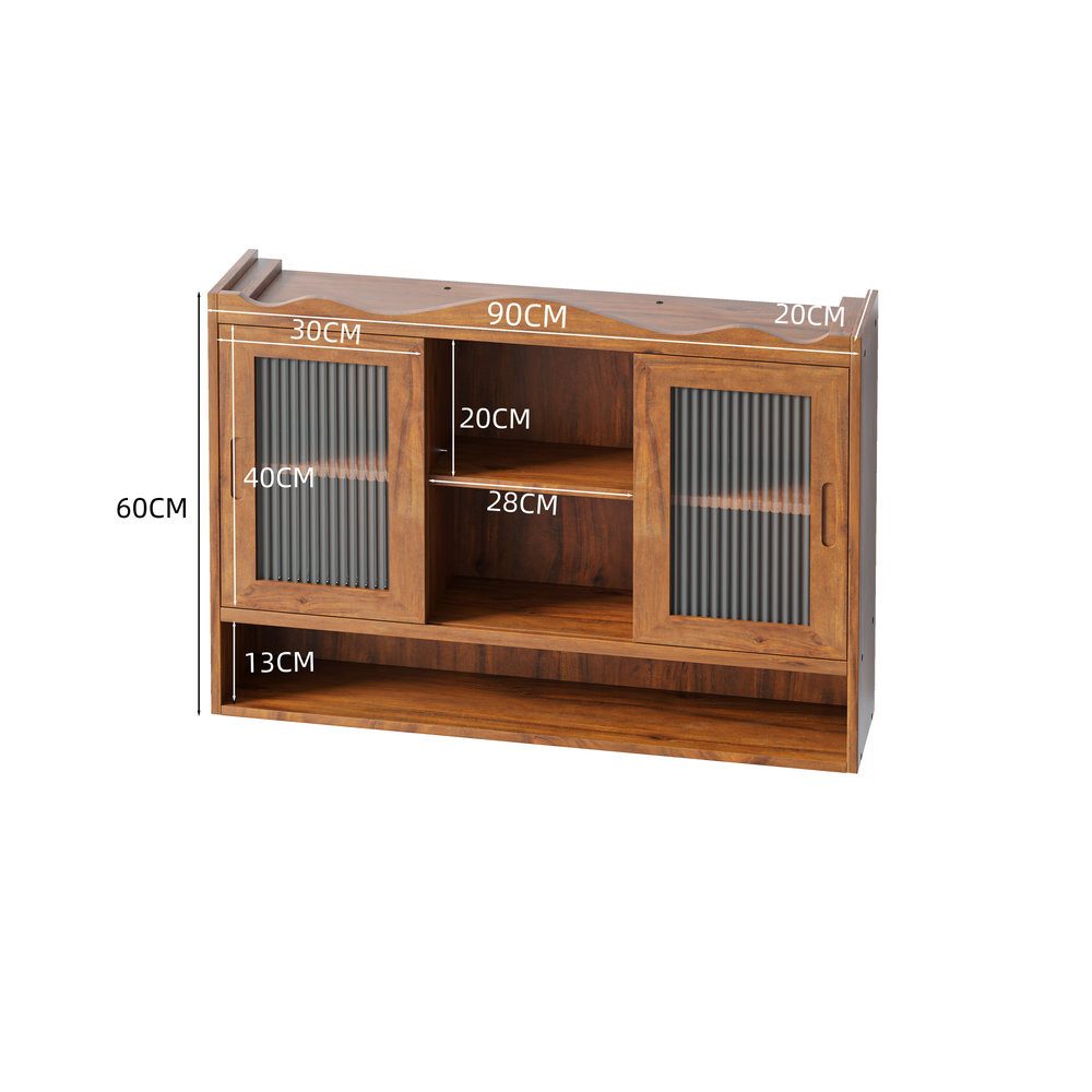 Odikalo Wandhängeschrank Hängevitrine Hängeschränke mit Stauraum, 90 cm breiter Retro-Wandschrank mit zwei Schiebetüren und drei Staufächern, geeignet für Badezimmer, Küchen und Esszimmer