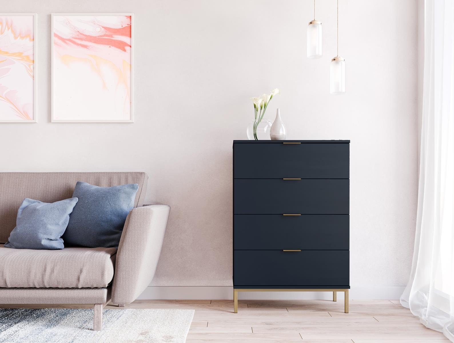 Beautysofa Kommode Pula II (Hochkommode für Wohnzimmer, Goldbeige Metallgriffe), mit 4x Schubladen, hohe Sideboard im modernes Stil Marineblau