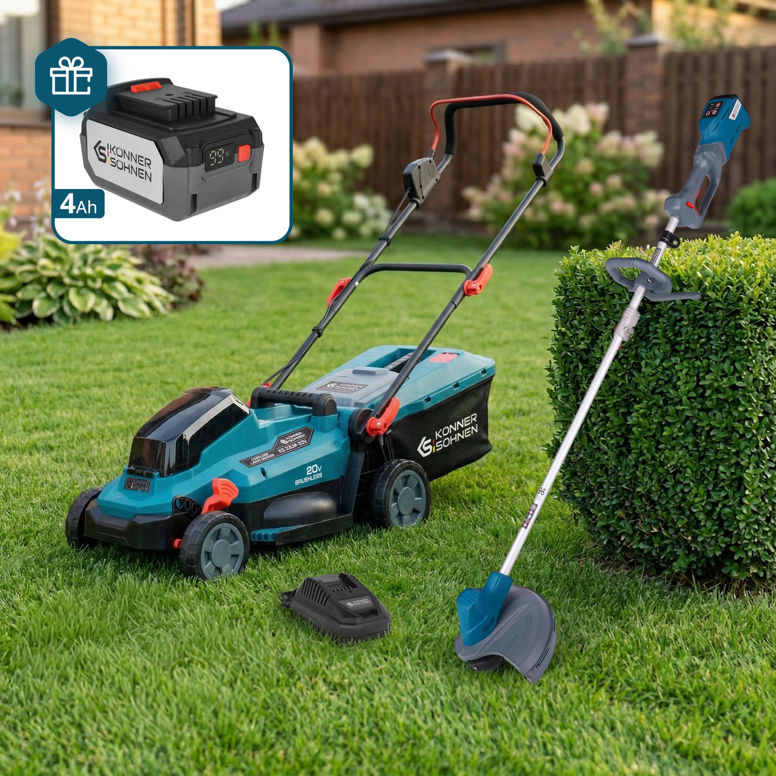 Könner & Söhnen Akkurasenmäher KS 33LM-BCT20V-SET, (Akku-Rasenpflege-Set mit Mäher, Trimmer, Akku & Ladegerät, Inklusive 4Ah Akku als Geschenk & 4,5A Schnellladegerät), Bürstenlose Motoren, Mulchfunktion, 2-in-1 Rasenmäher