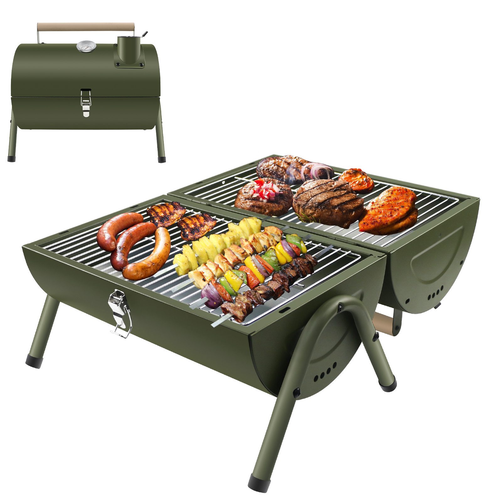 SunJas Holzkohlegrill K-GN22A grün/Schwarz Klappgrill mit Thermometer,Deckel, Doppel Grillfläche 33.7 x 21.5 cm, Reisegrill Campinggrill Tischgrills für Outdoor Picknick Camping