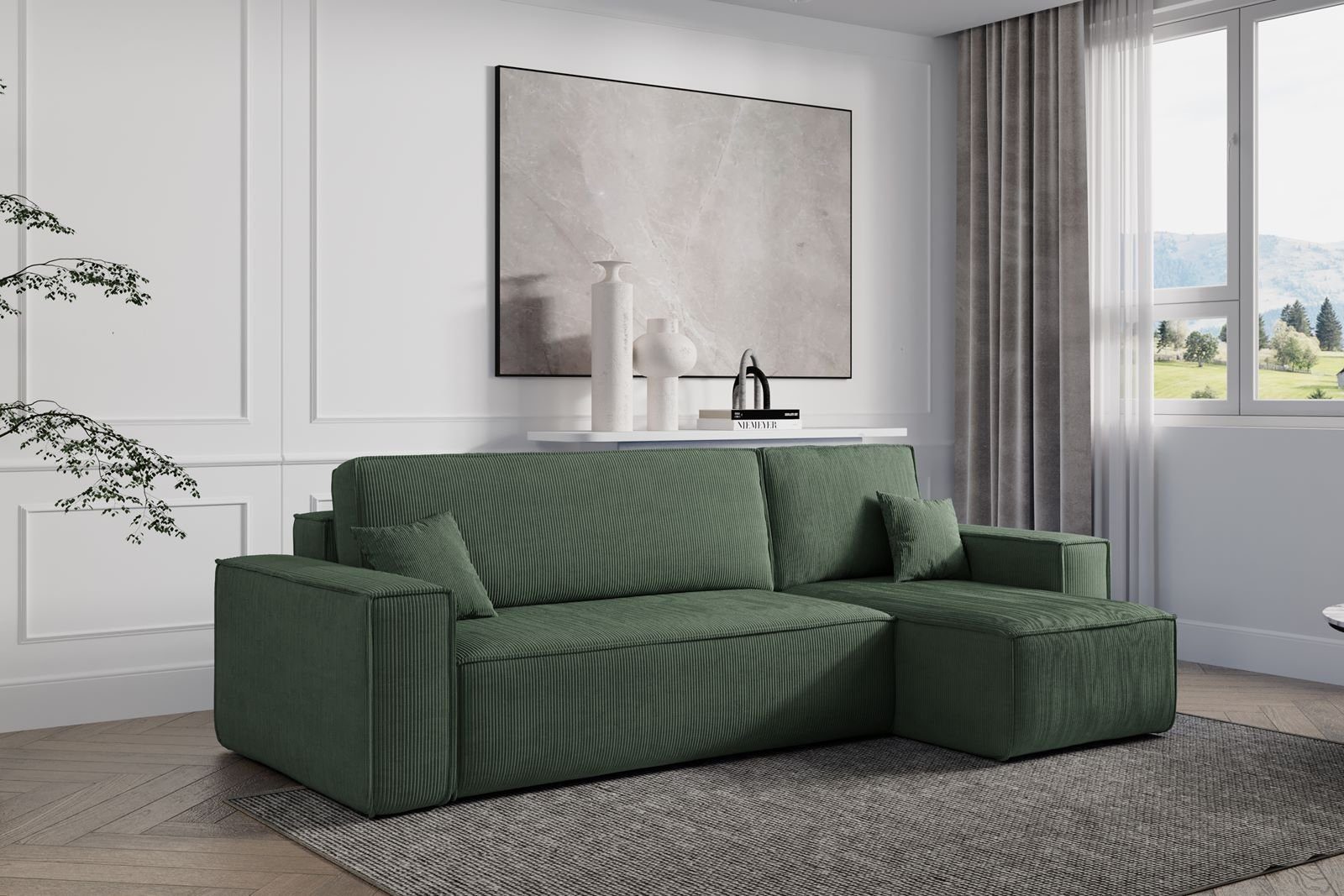 Compleo Ecksofa TOKYO, L-form Ecke, mit universelle mane und Schlaffunktion, Cord, Breite 244 cm, mit Bettkasten, Modern Wohnzimmer Grün