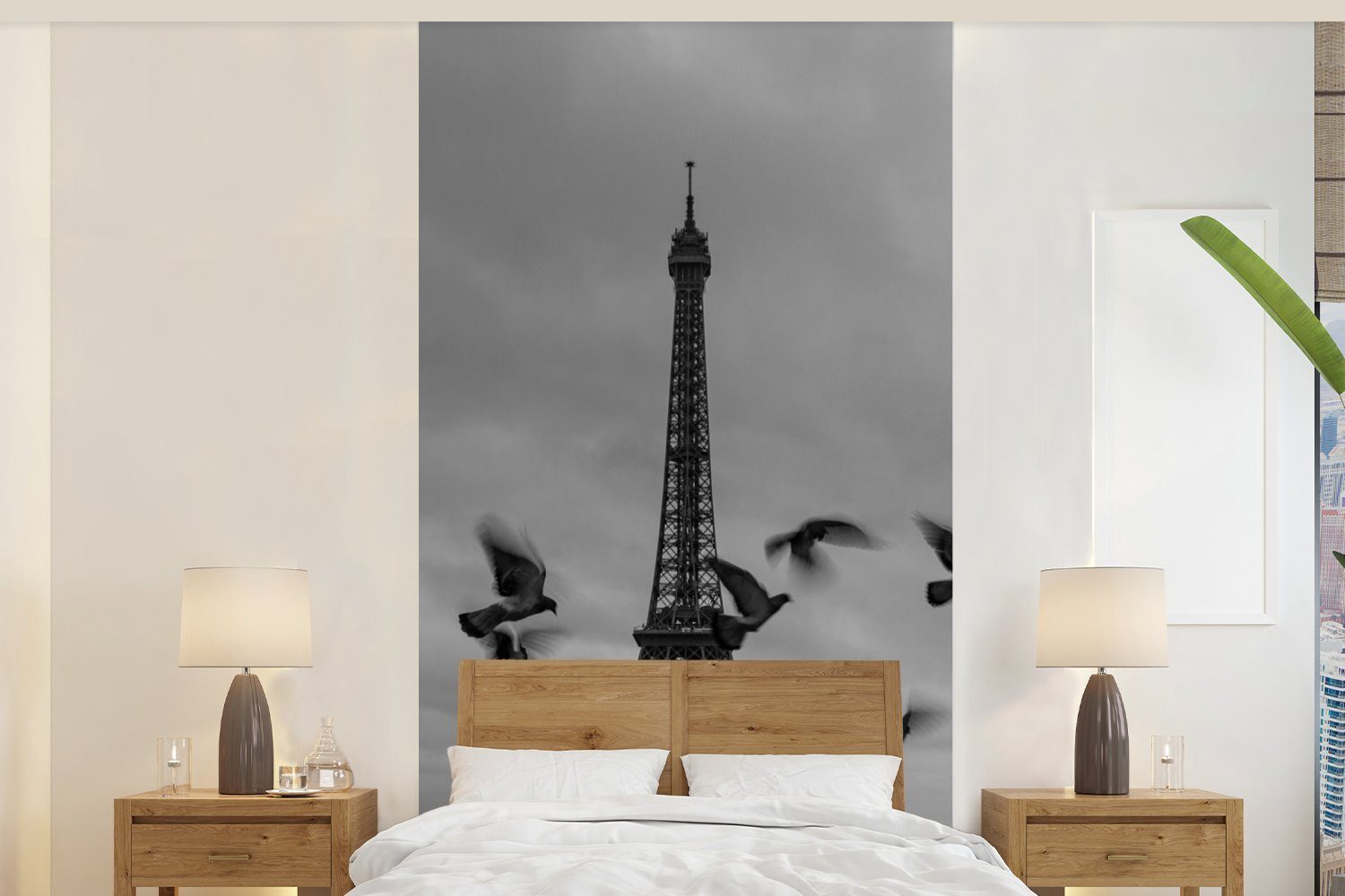 MuchoWow Fototapete Vögel vor dem Eiffelturm, Matt, bedruckt, (2 St), Vliestapete für Wohnzimmer Schlafzimmer Küche, Fototapete | Fototapeten