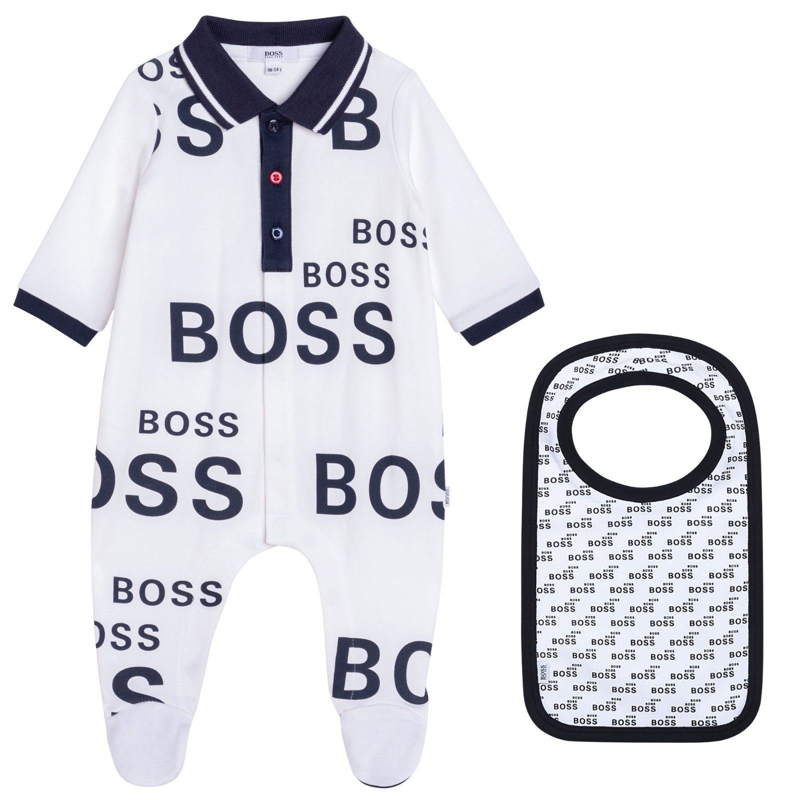 BOSS Neugeborenen-Geschenkset BOSS Baby Kombination Strampler Lätzchen allover Logo