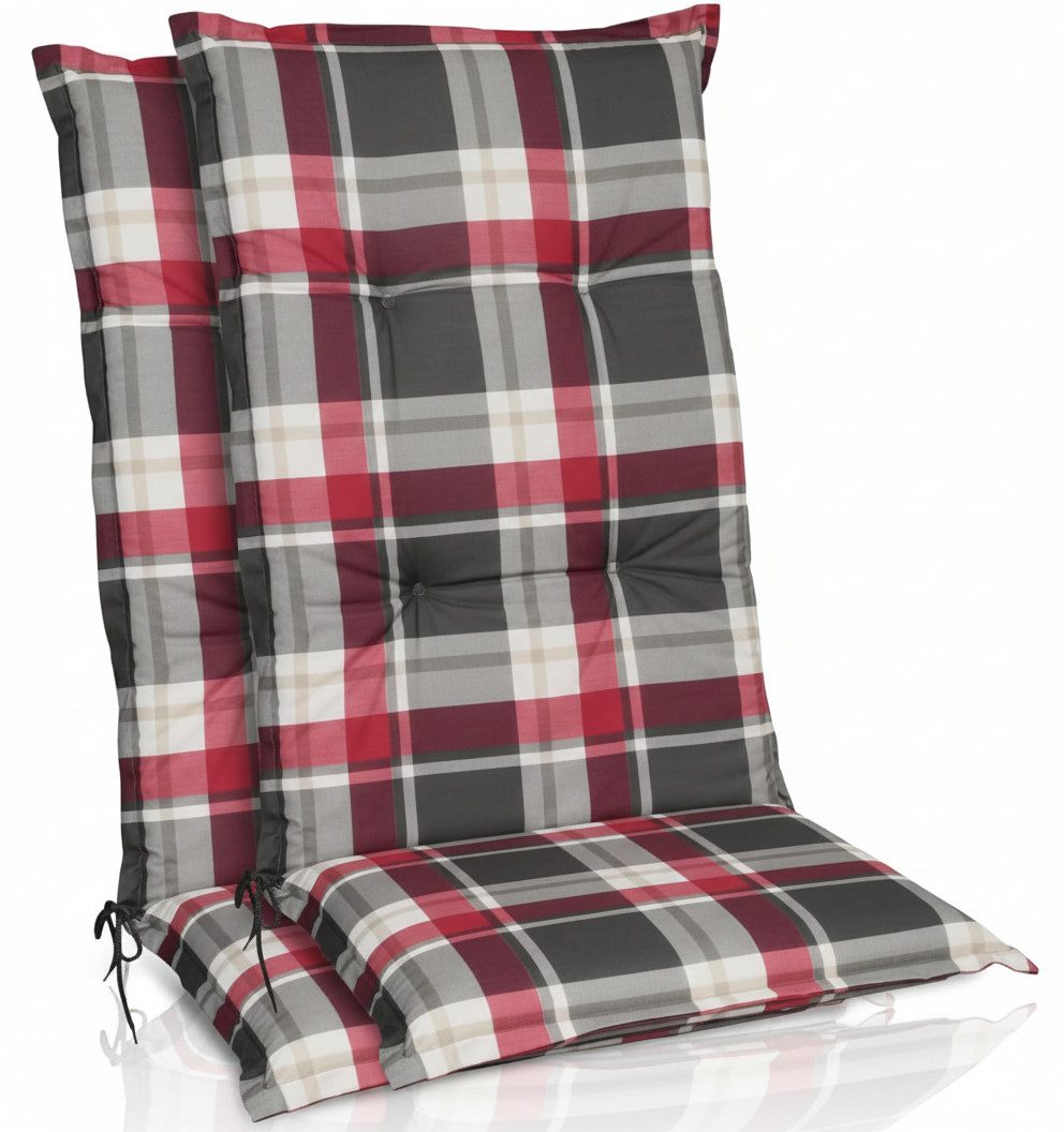 Beautissu Hochlehnerauflage 2er Set Hochlehner Auflagen Set 120x50 cm Polster Bordeaux Kariert, 6cm Dicke Polsterauflage rutschfest UV-Lichtecht 5 Stuhlkissen