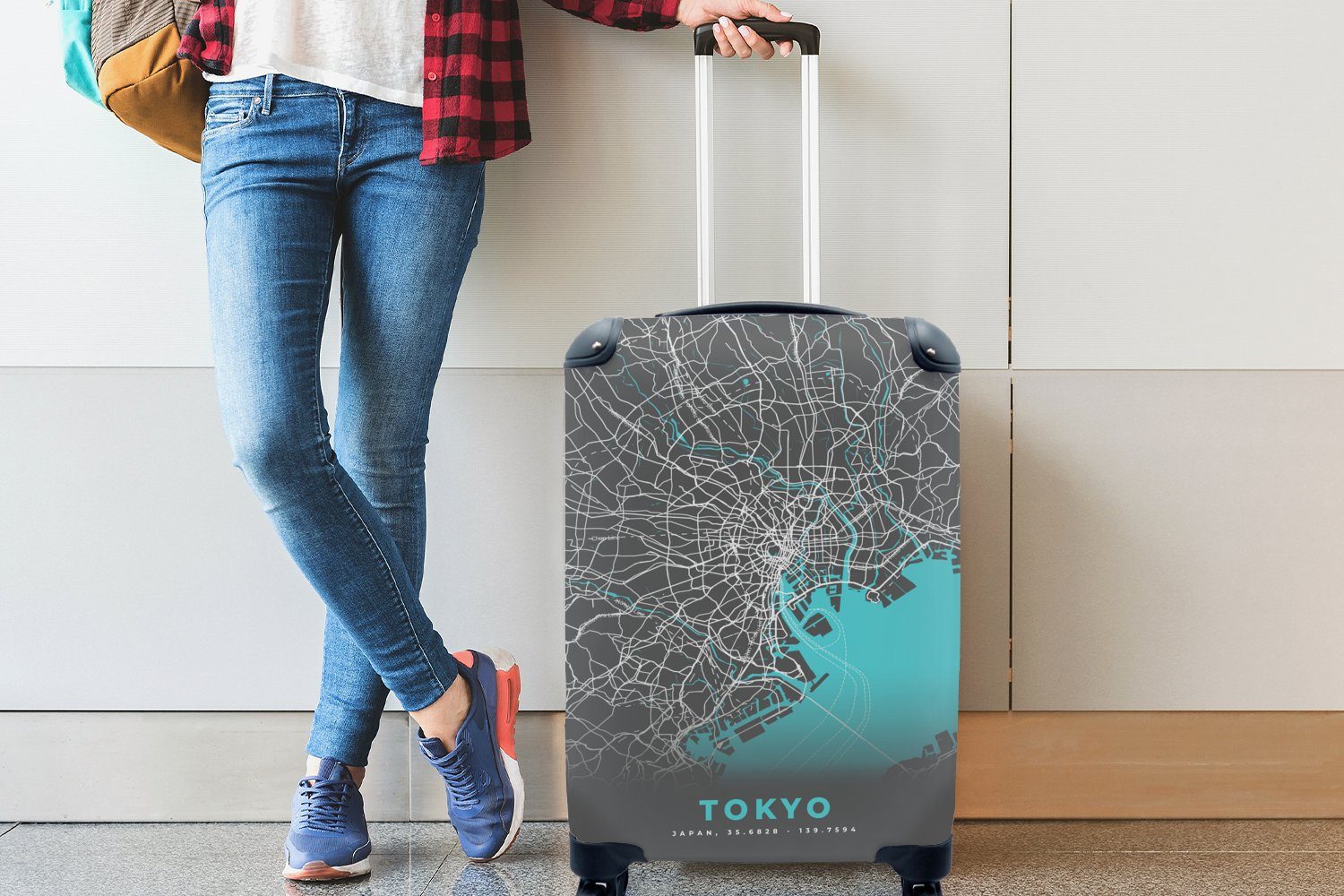 Rollen, - Tokio Ferien, Karte, - Blau Reisekoffer Handgepäckkoffer rollen, mit Handgepäck MuchoWow Reisetasche Stadtplan für - Trolley, 4