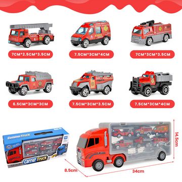 Jioson Spielzeug-Transporter Spielzeug-Transporter Spielzeug-Feuerwehr 7-in-1 LKW Tragekoffer Rot, (34*9.5*14.5 cm, 6 Räder für den Fahrbetrieb und die Sitzstabilisierung), 7 Stück (1X großer Bagger, 6X Alu-LKW)