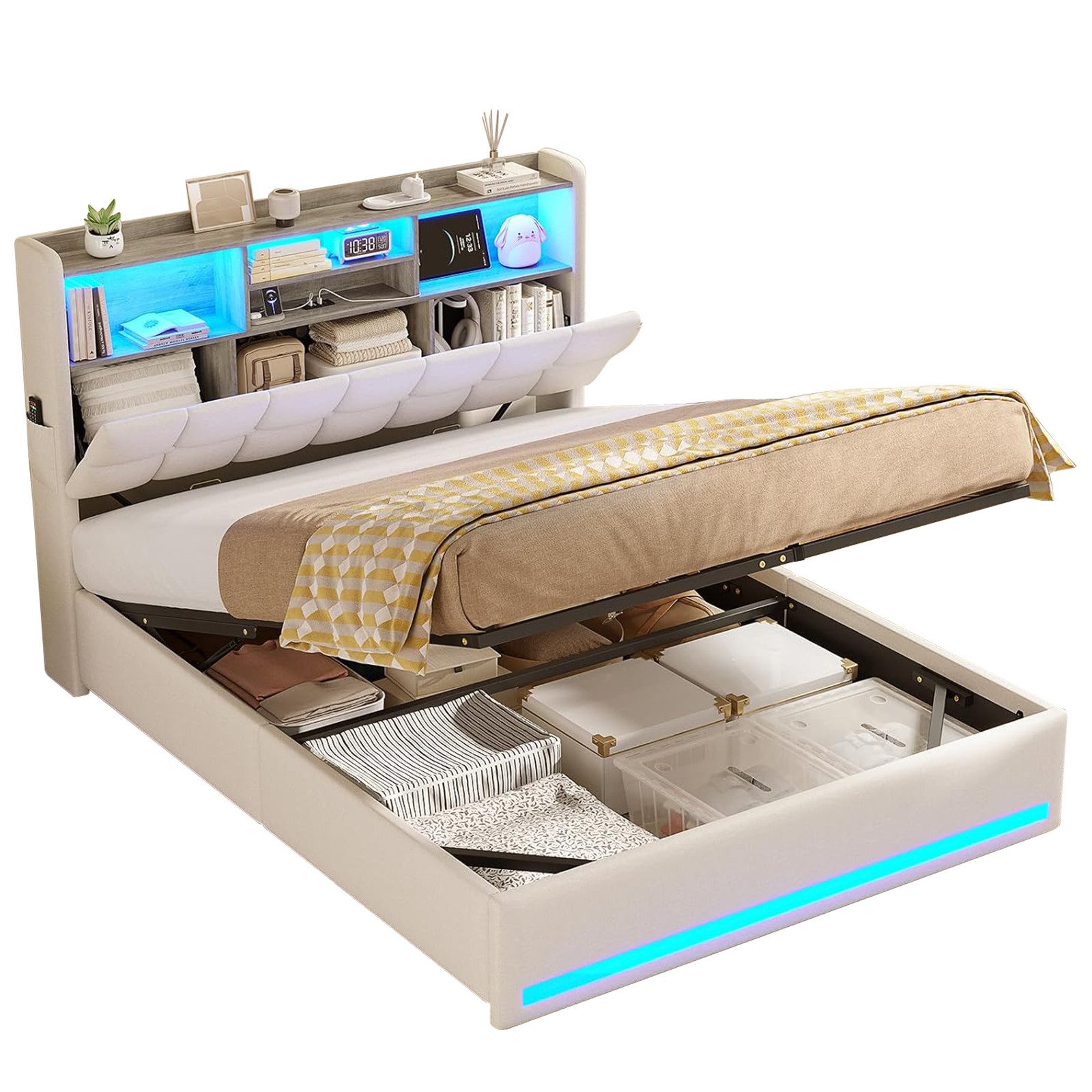 MSMASK Polsterbett Hydraulisches Stauraumbett mit LED-Bleuchtung, 90X200 cm günstig online kaufen