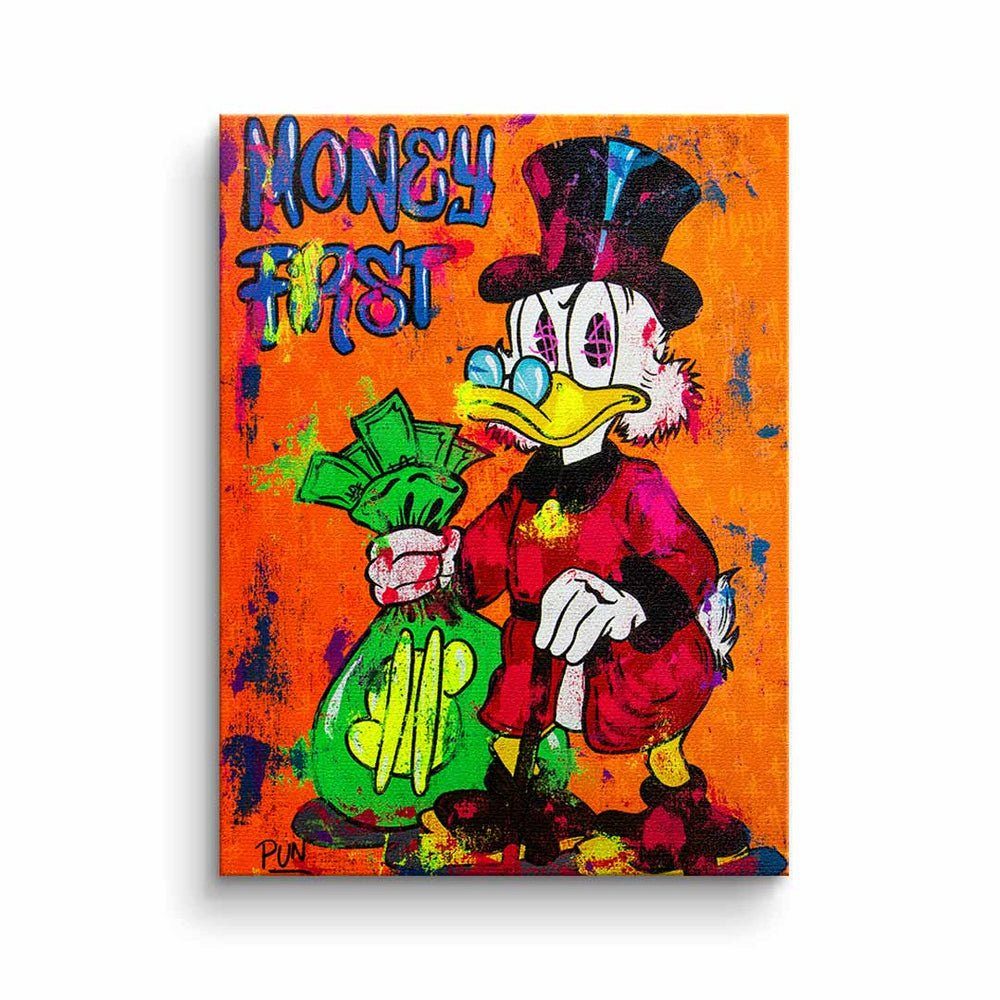 McDuck first orange money DOTCOMCANVAS® Bür Scrooge Leinwandbild, Rahmen Comic Leinwandbild Dagobert Duck schwarzer