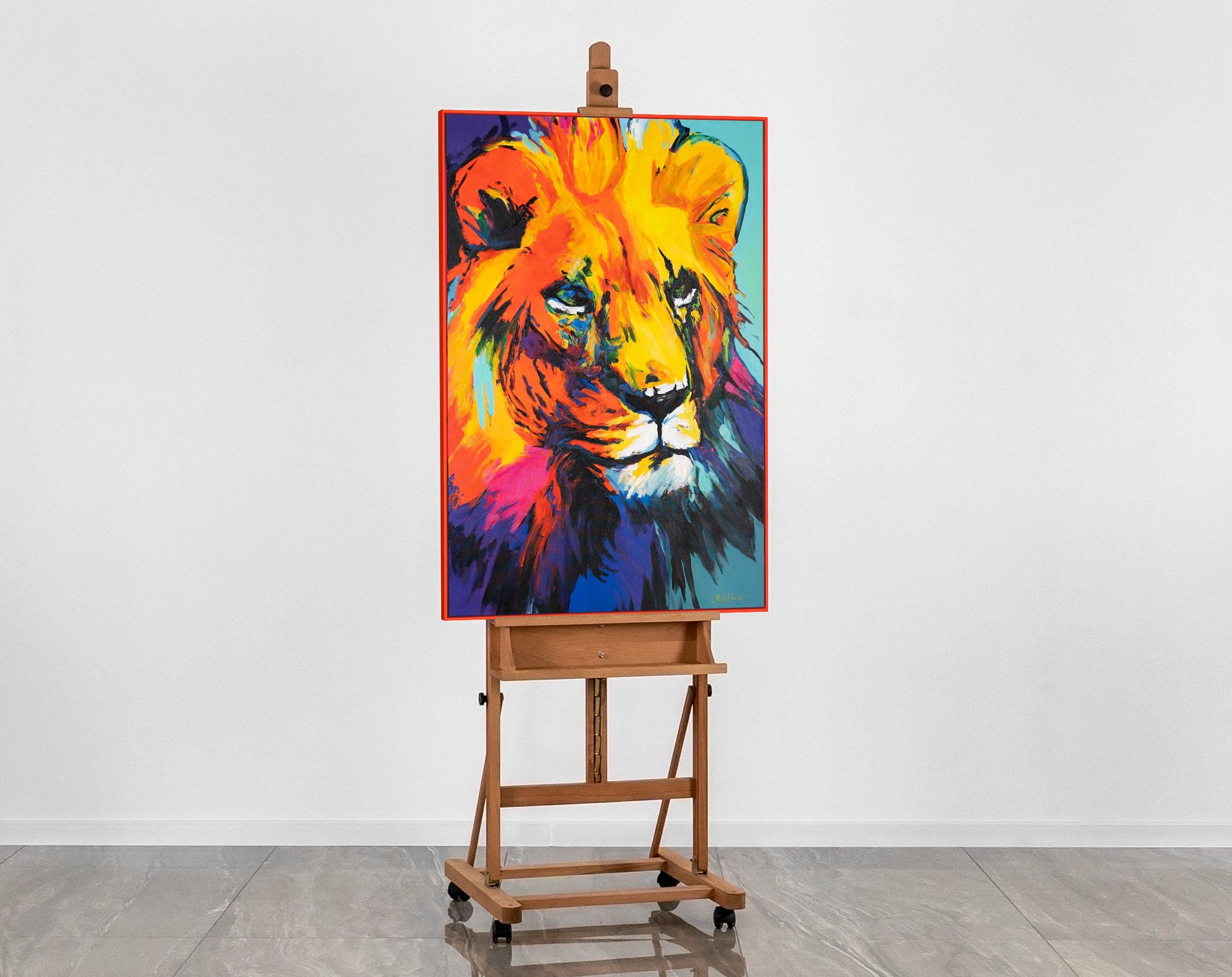 Löwengrazie, YS-Art Mit in Rot Gemälde Abstraktion Rahmen