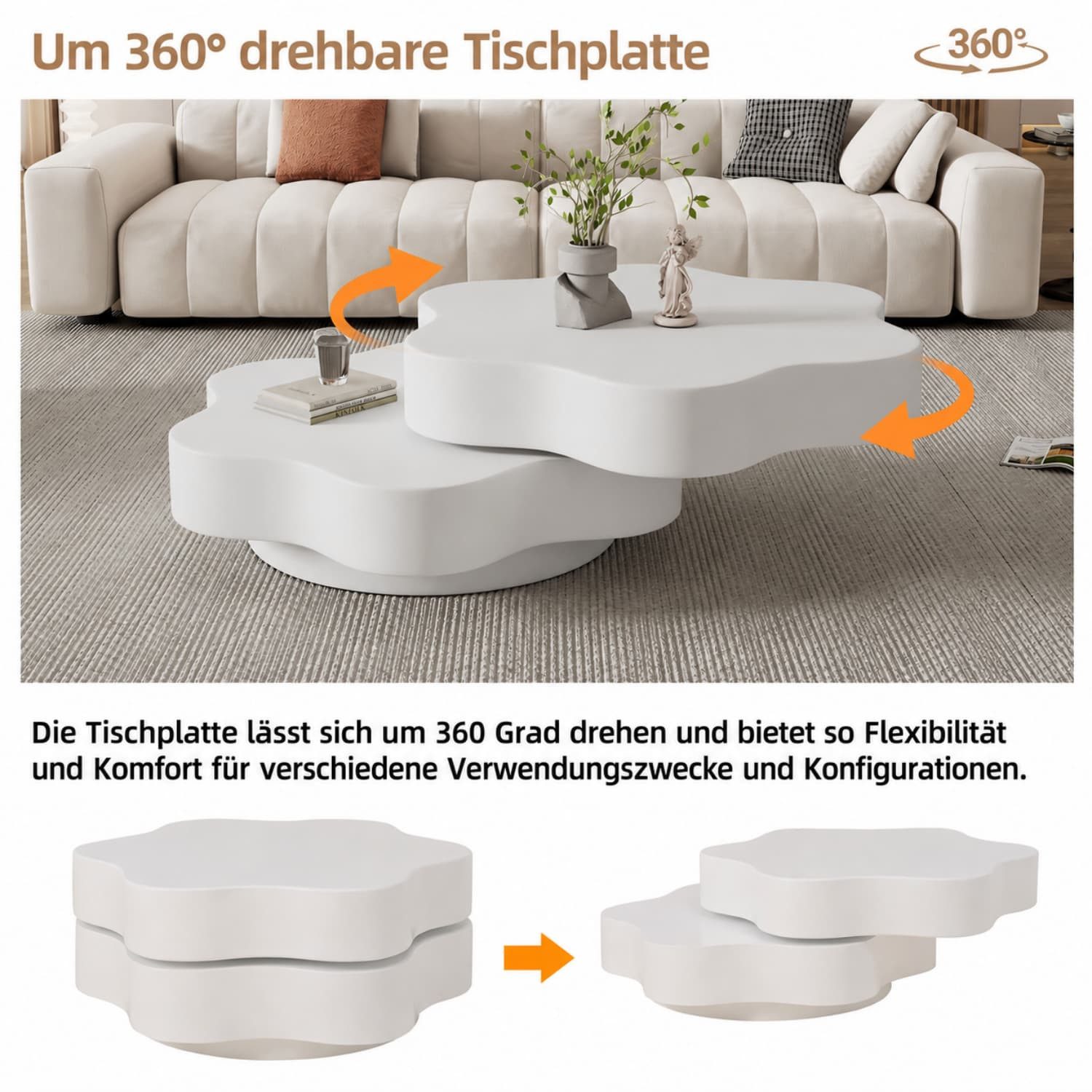 ANYSUN Couchtisch Blumenform 360° Drehbar Ausziehbare Tischplatte mit 2 Ablageebenen (1-St Sofatisch,Wohnzimmertisch), Kompakt Beistelltisch für kleine Wohnung,Cremeweiß,74,8x67.5x31cm