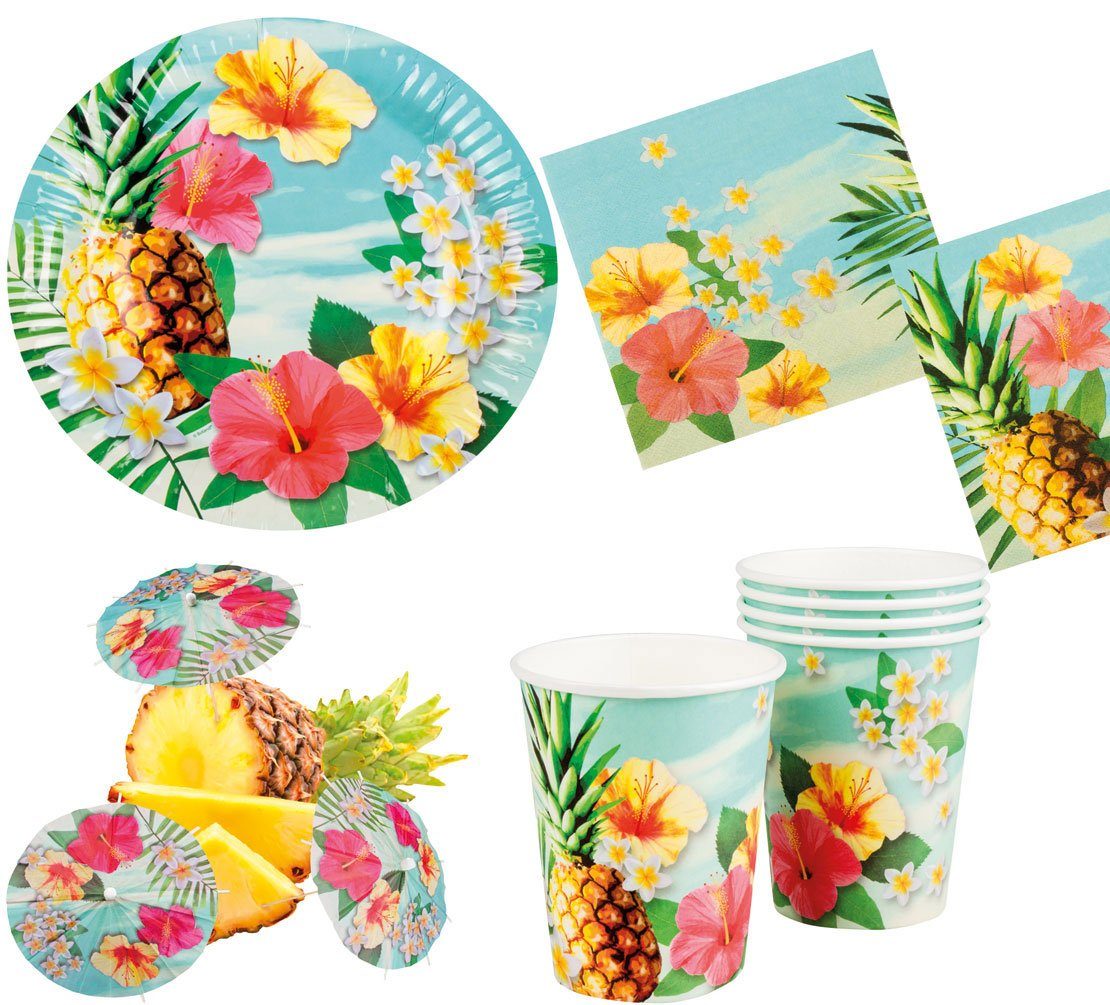 Karneval-Klamotten Einweggeschirr-Set Party Set XL Hawaii Blume Hibiskus 30 Teile, Partygeschirr Pappteller Pappbecher Servietten