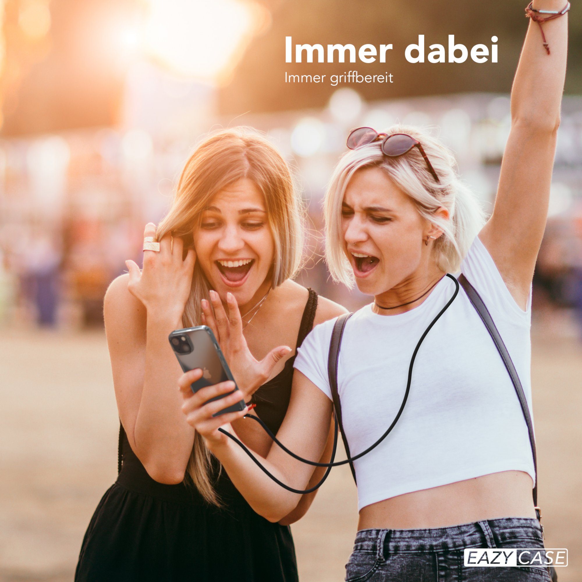 EAZY CASE Handykette Hülle mit Kette für Apple iPhone 14 6,1 Zoll, Handykordel Smartphonekette für Unterwegs Festivalbag Schwarz Rosé