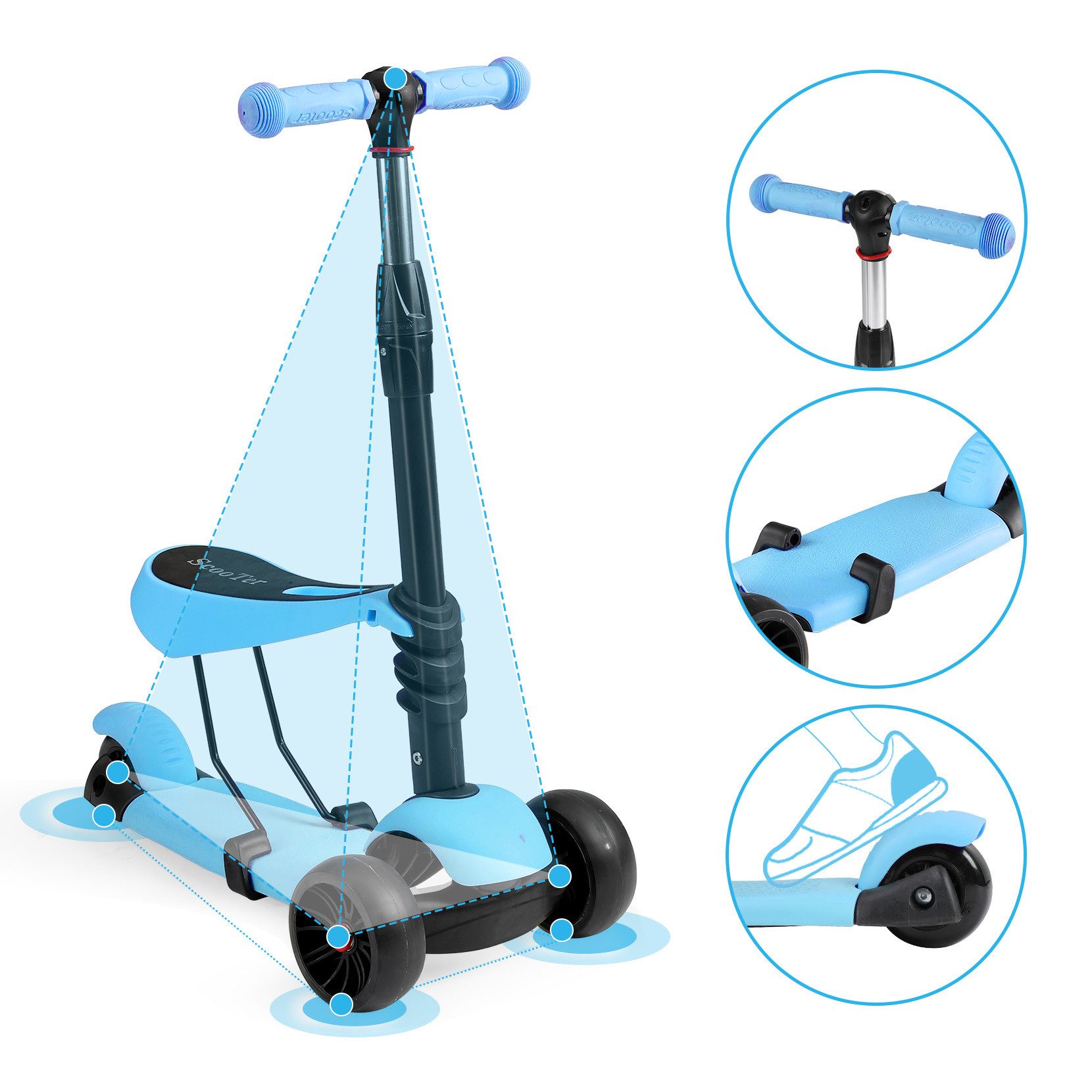 OUNUO Dreiradscooter Sitz-Steh 2-in-1 Scooter, Schwerkraftlenkung, für Kinder ab 1,5 Jahren – Bild 5 von 5