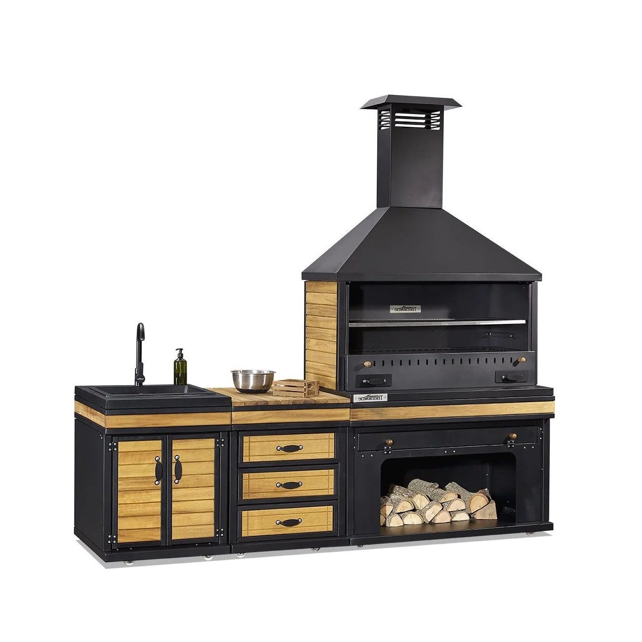 Xlmoebel Outdoor-Küche XLMOEBEL Außenküche aus Holz und Edelstahl in elegantem Schwarz, Made in Europa