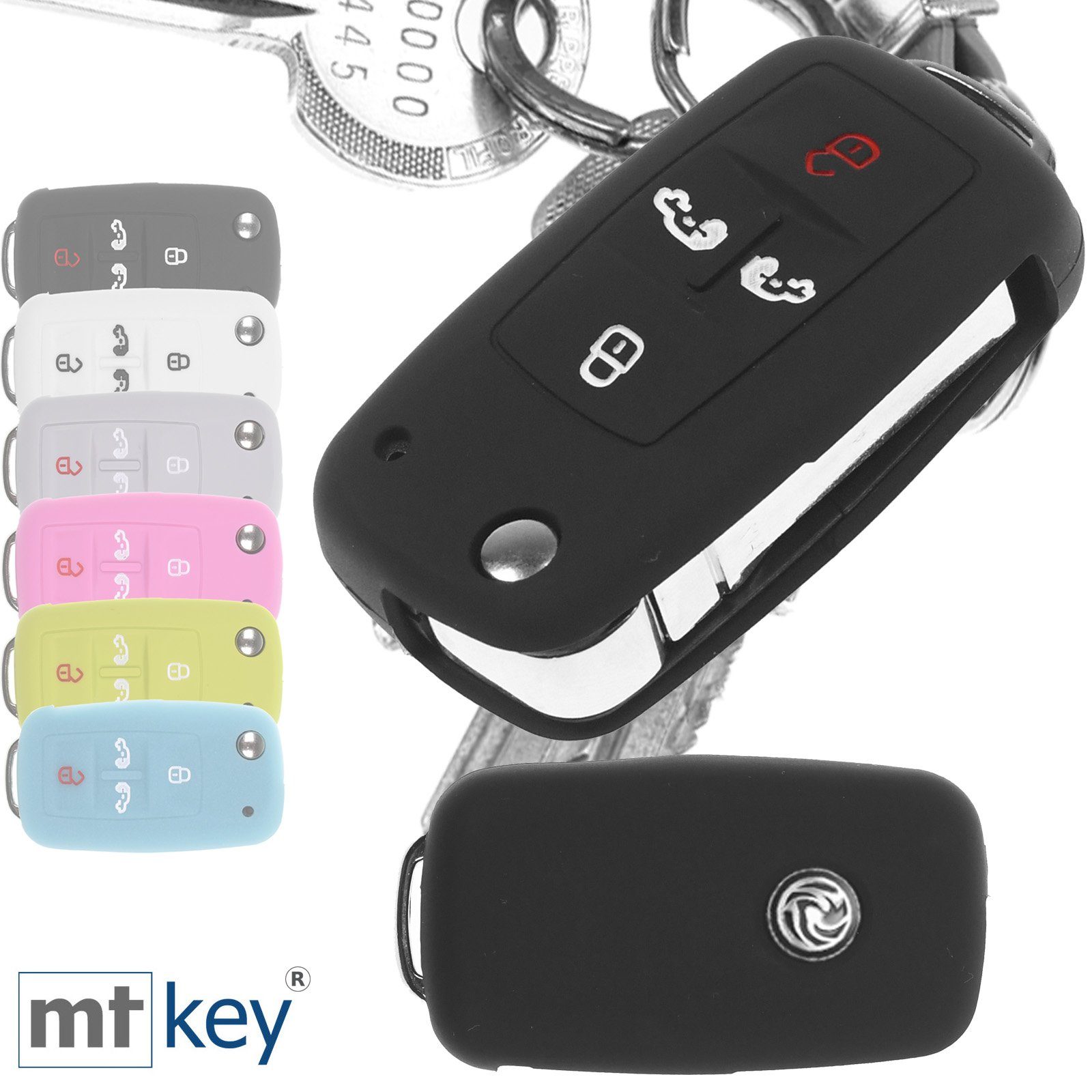 mt-key Schlüsseltasche Autoschlüssel für 4 Design Alhambra Schutzhülle Caddy T6 Silikon Multivan Tasten T5 Sharan Seat Wabe Schlüsselband, Schlüssel + VW Schwarz