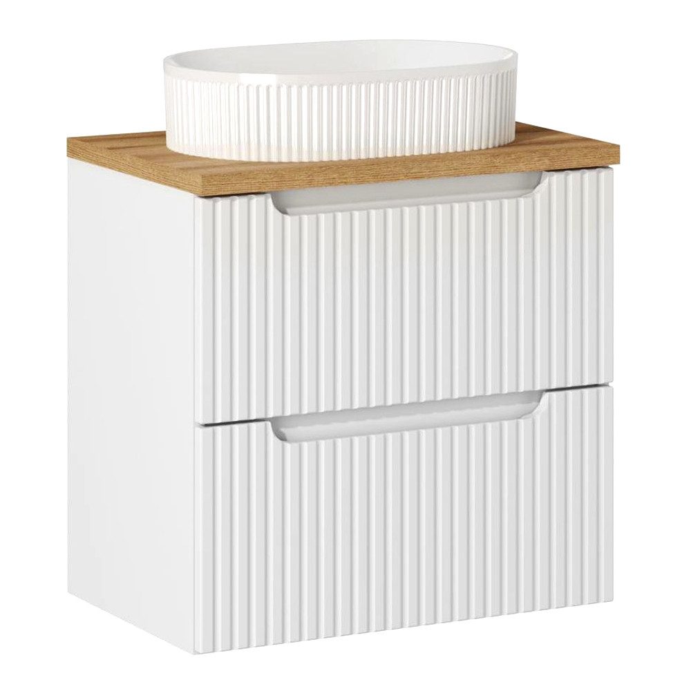 Lomadox Waschtisch NEWPORT-56-WHITE, 60cm breit mit Aufsatzwaschbecken, weiß mit Eiche, gerillte Front