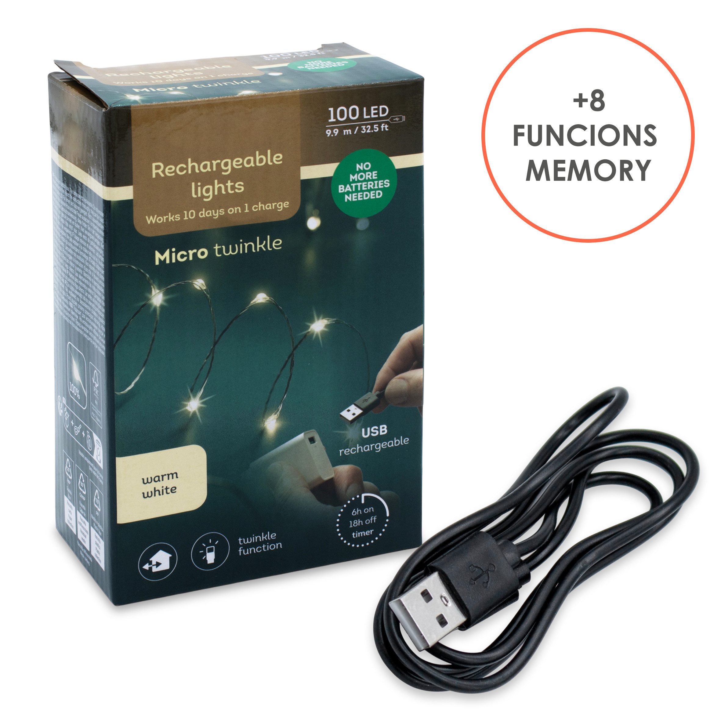 Spetebo LED-Lichterkette Outdoor Dekobeleuchtung Drahtlichterkette wiederaufladbar 10 m, 100-flammig, mit 8 Leuchtfunktionen und Timer - Leuchtdauer bis zu 10 T – Bild 3 von 5